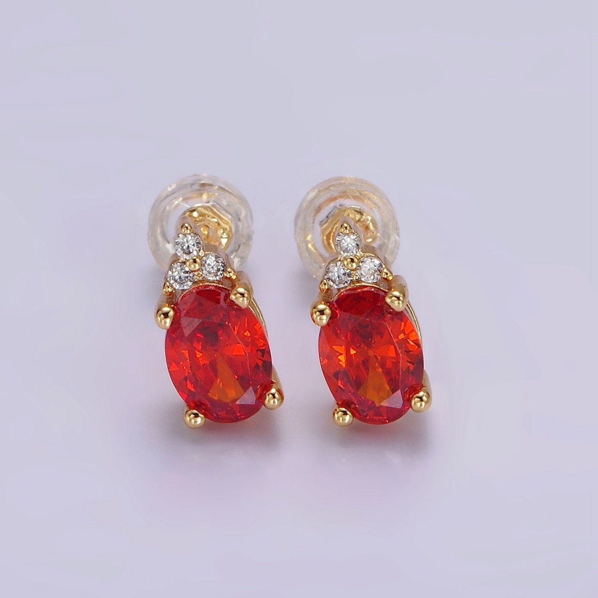 14K Gold Filled Oval Triple CZ Bezel Stud Earrings in Gold & Silver | V-201