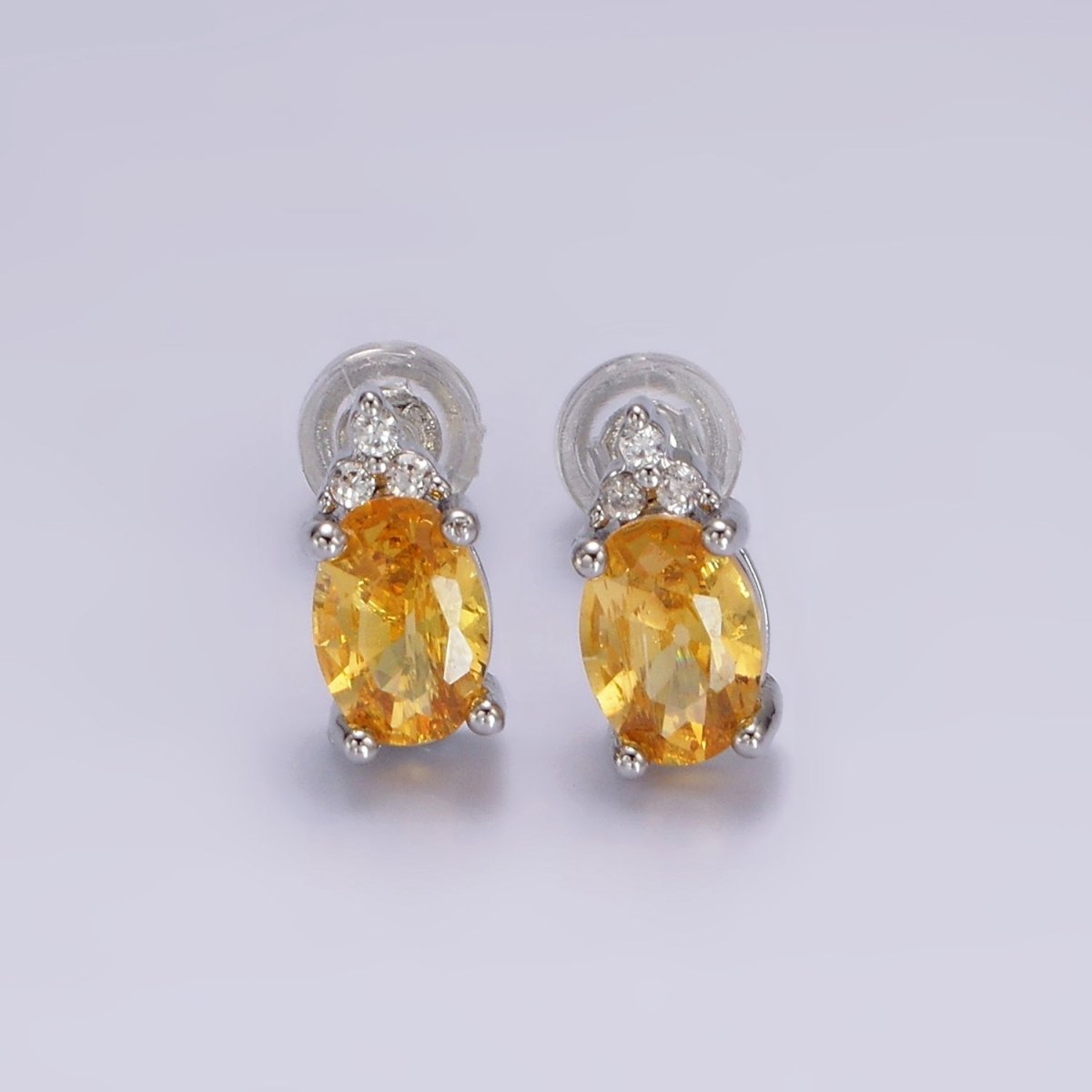 14K Gold Filled Oval Triple CZ Bezel Stud Earrings in Gold & Silver | V-201