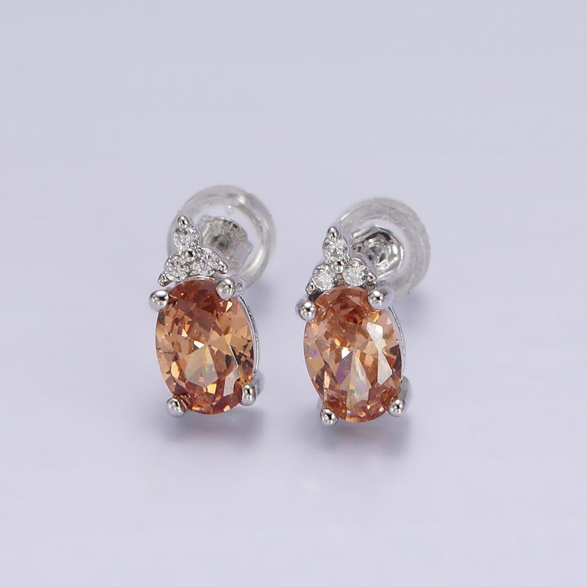 14K Gold Filled Oval Triple CZ Bezel Stud Earrings in Gold & Silver | V-201