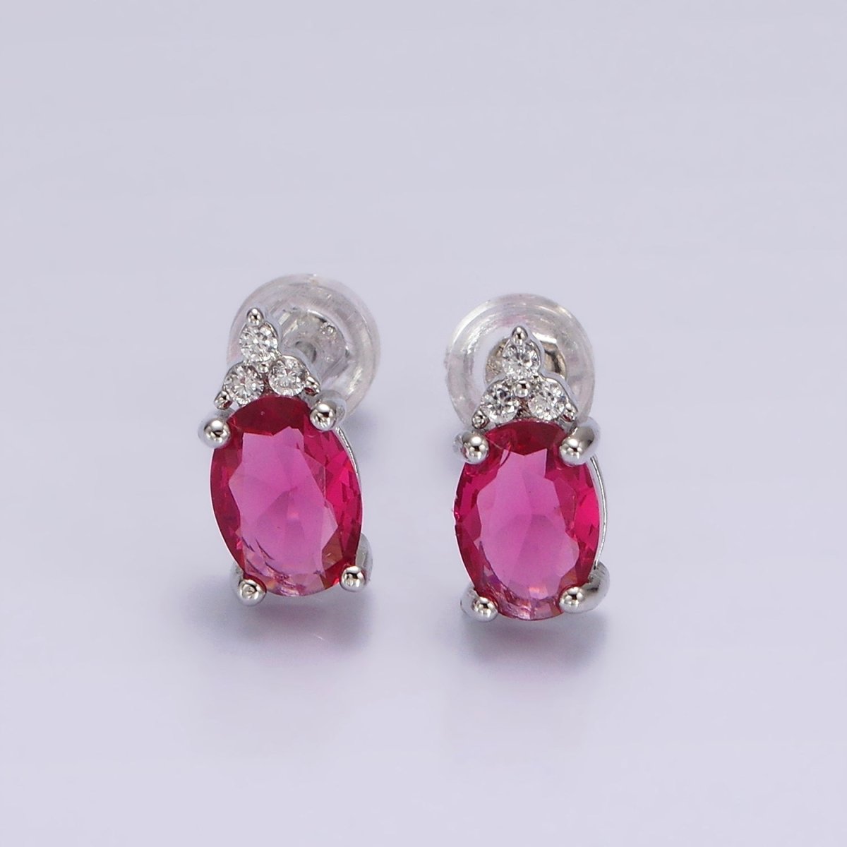 14K Gold Filled Oval Triple CZ Bezel Stud Earrings in Gold & Silver | V-201