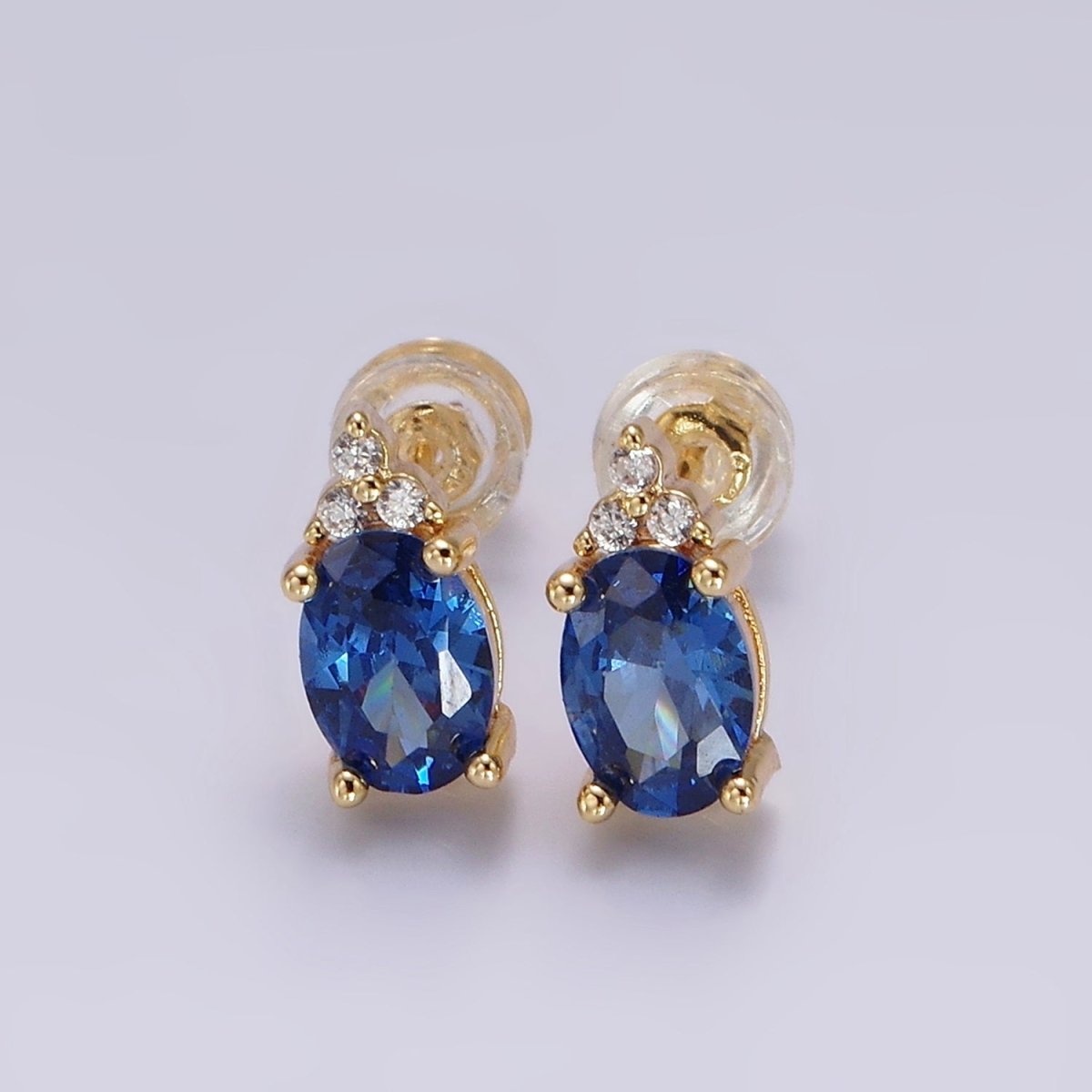 14K Gold Filled Oval Triple CZ Bezel Stud Earrings in Gold & Silver | V-201