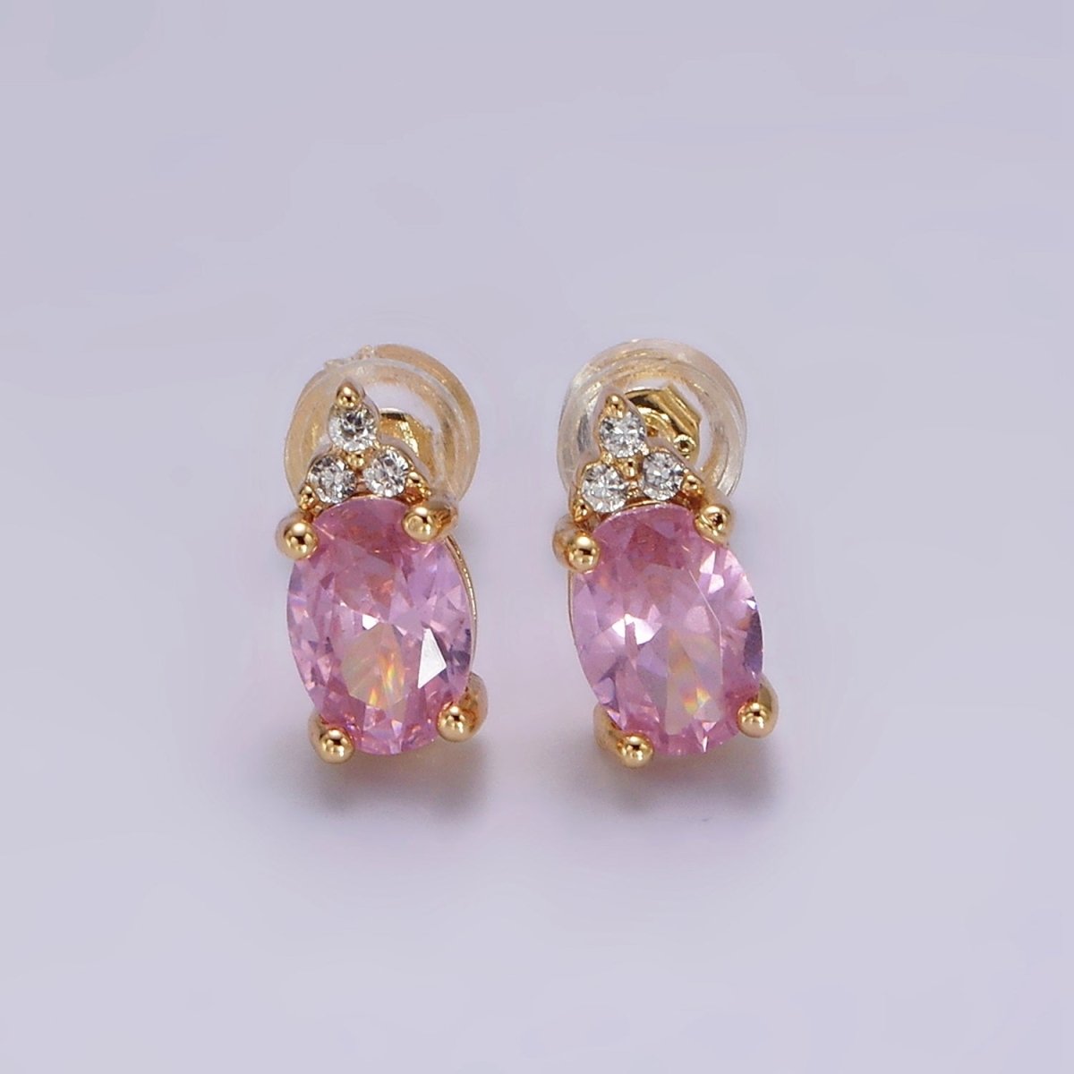 14K Gold Filled Oval Triple CZ Bezel Stud Earrings in Gold & Silver | V-201