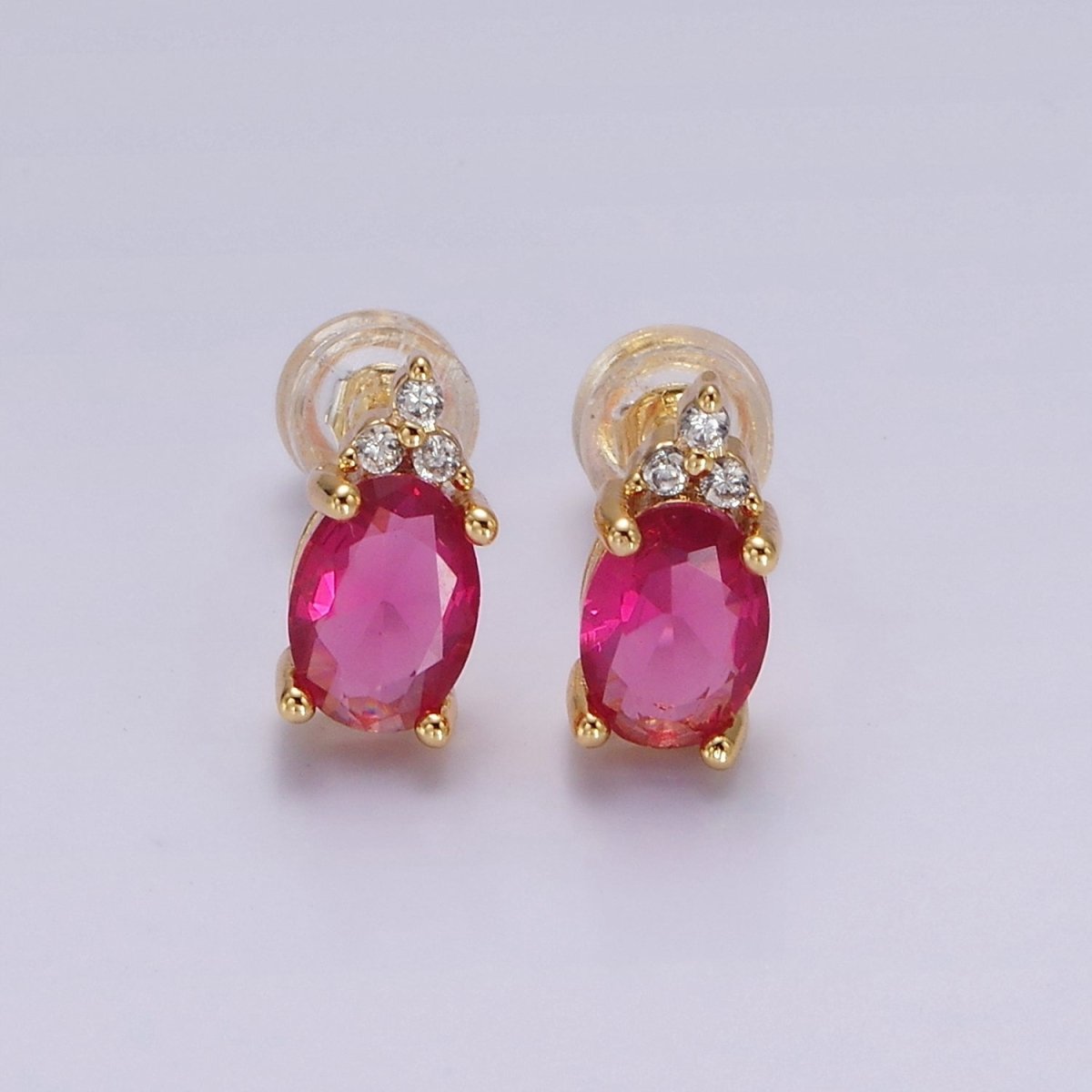 14K Gold Filled Oval Triple CZ Bezel Stud Earrings in Gold & Silver | V-201