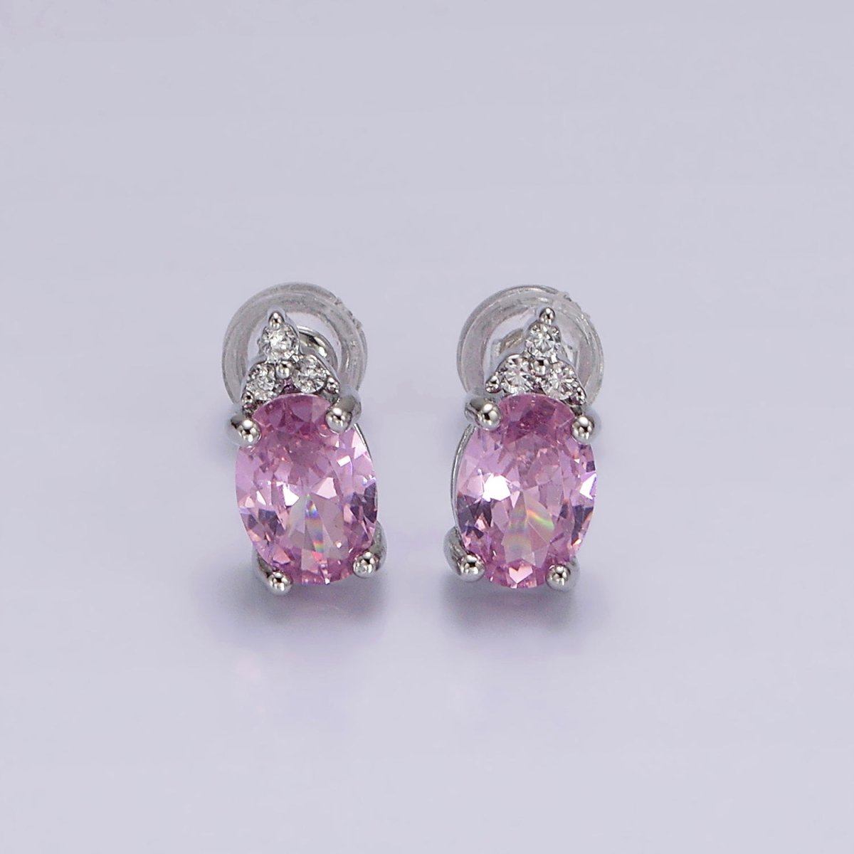 14K Gold Filled Oval Triple CZ Bezel Stud Earrings in Gold & Silver | V-201