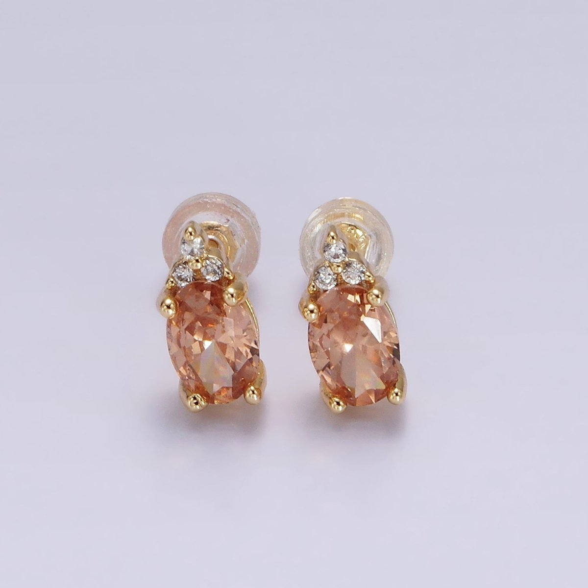 14K Gold Filled Oval Triple CZ Bezel Stud Earrings in Gold & Silver | V-201