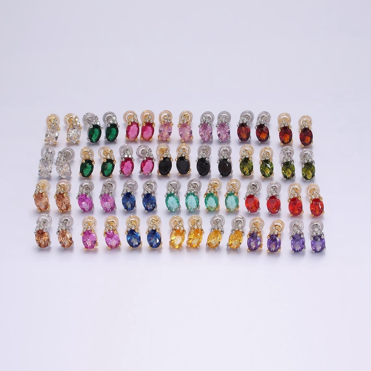 14K Gold Filled Oval Triple CZ Bezel Stud Earrings in Gold & Silver | V-201