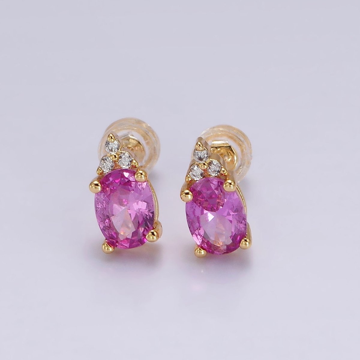 14K Gold Filled Oval Triple CZ Bezel Stud Earrings in Gold & Silver | V-201