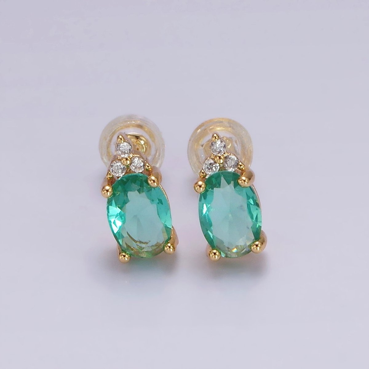 14K Gold Filled Oval Triple CZ Bezel Stud Earrings in Gold & Silver | V-201