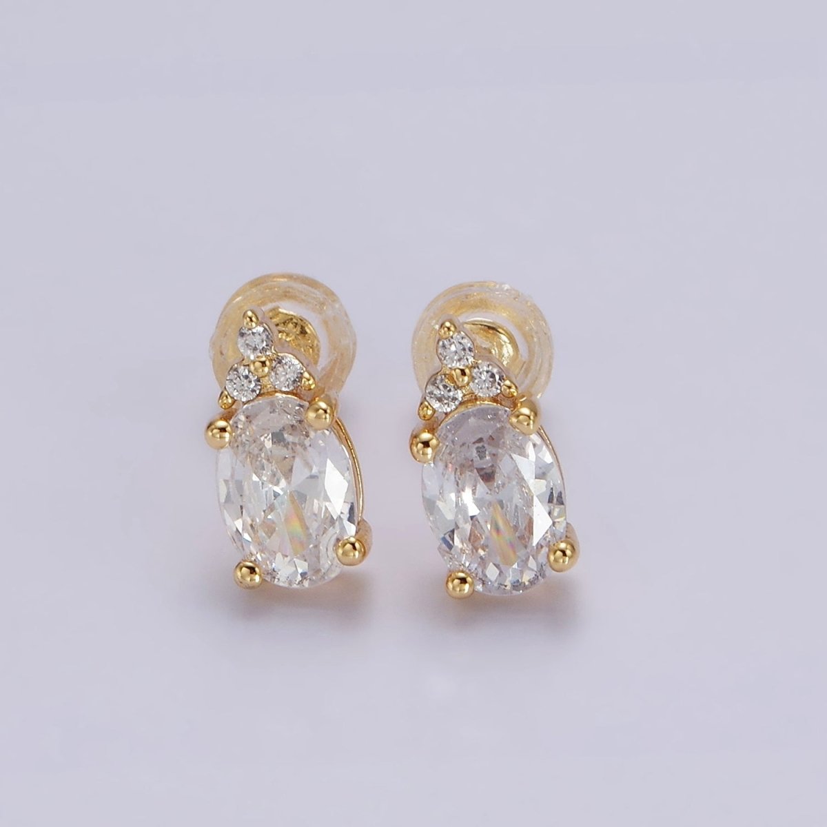 14K Gold Filled Oval Triple CZ Bezel Stud Earrings in Gold & Silver | V-201