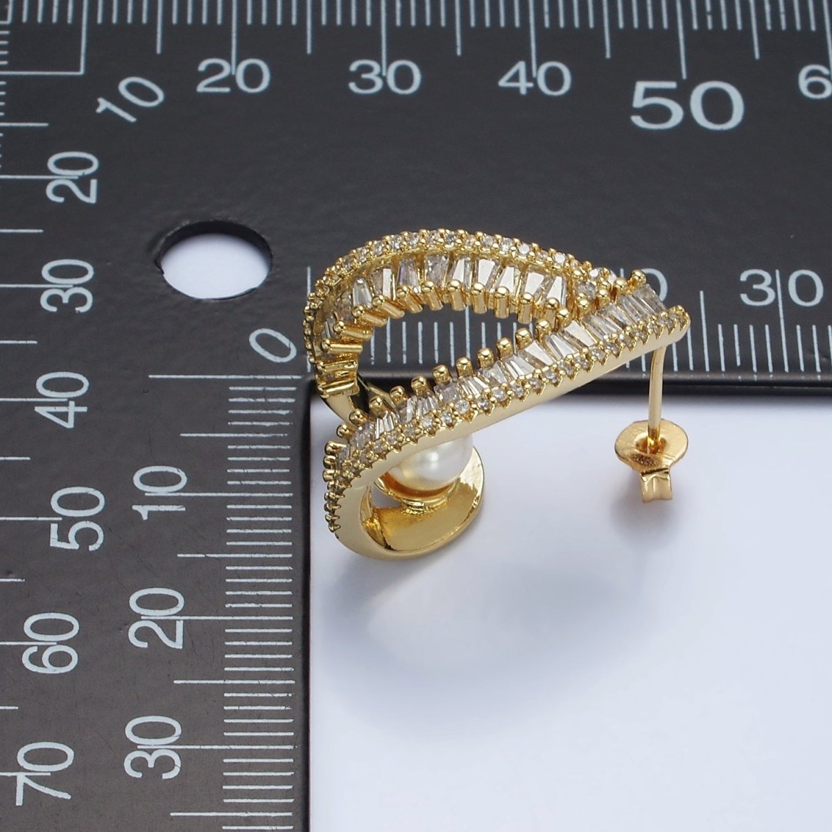 14K Gold Filled Pearl Baguette Micro Paved CZ Open Teardrop J-Shaped Hoop Earrings | AE419