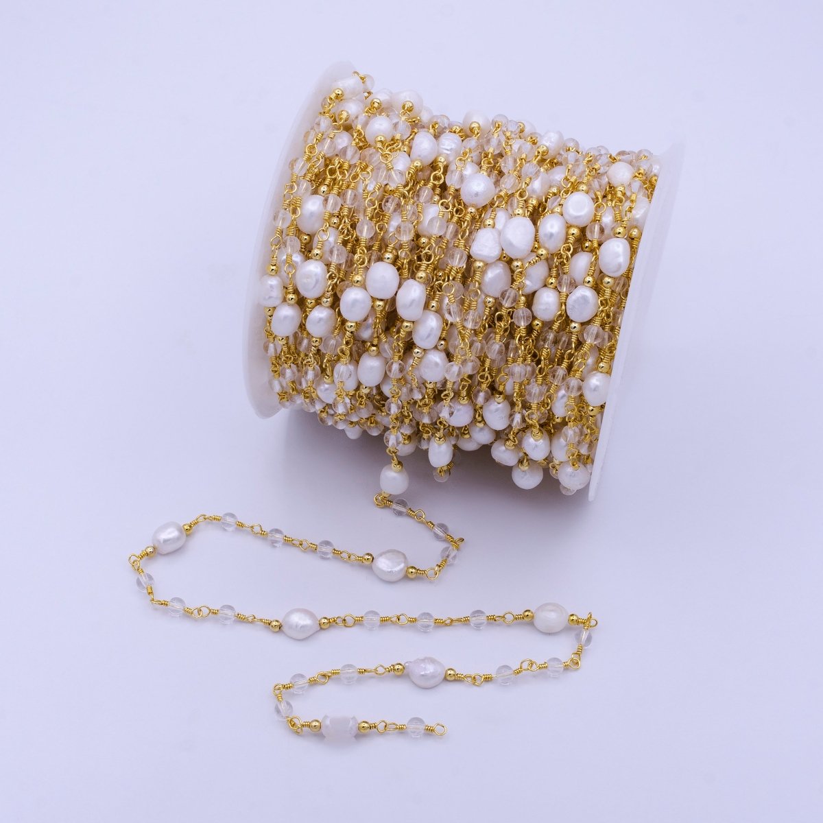 14K Gold Filled Pearl Chain, White Freshwater Pearl Rosary Chain, Bulk Chain Clear Quartz Beads Beaded Unfinished Chain by Yard | ROLL-1214 Clearance Pricing - DLUXCA