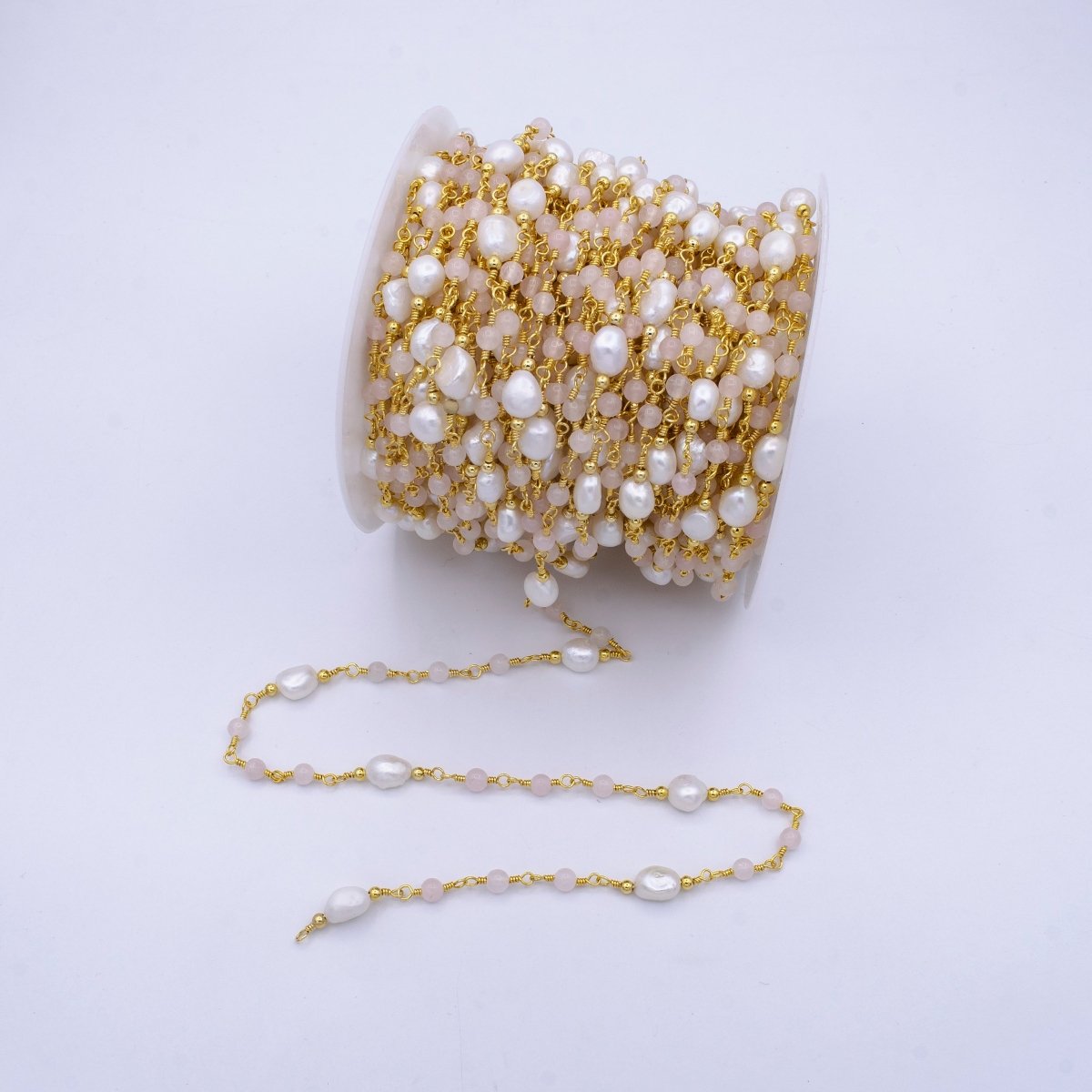 14K Gold Filled Pearl Chain, White Freshwater Pearl Rosary Chain, Bulk Chain Rose Quartz Beads Beaded Unfinished Chain by Yard | ROLL-1213 Clearance Pricing - DLUXCA