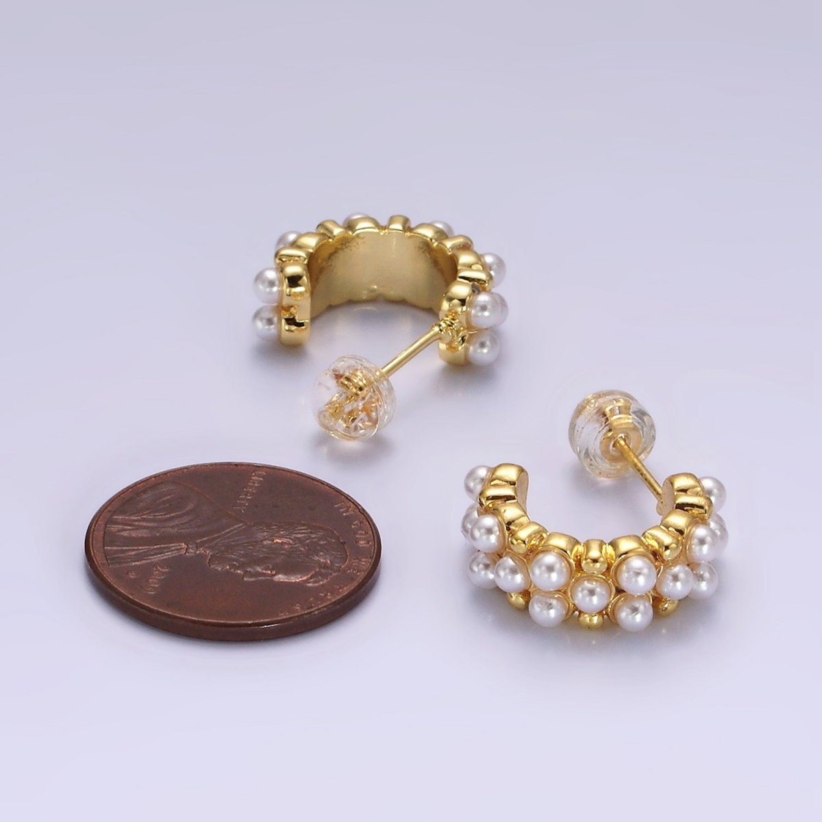 14K Gold Filled Pearl Dotted Wide C-Shaped Hoop Earrings in Gold & Silver | AE943 AE944