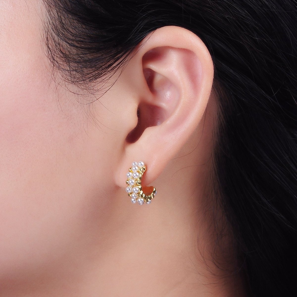 14K Gold Filled Pearl Dotted Wide C-Shaped Hoop Earrings in Gold & Silver | AE943 AE944