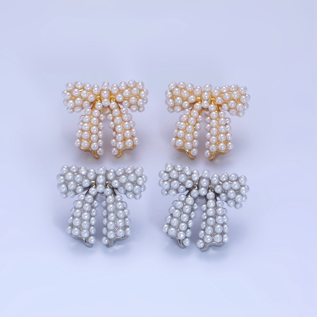 14K Gold Filled Pearl Ribbon Bow Stud Earrings in Gold & Silver | P246 P247