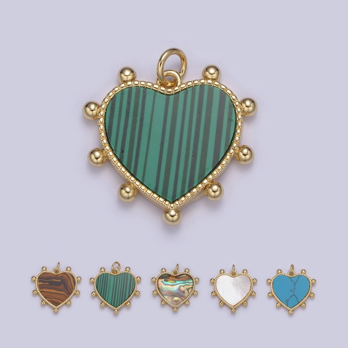 14K Gold Filled Pearl, Tiger Eye, Turquoise Abalone Shell Charm Pendant Beaded Heart Love Charm for Necklace Bracelet Jewelry Making