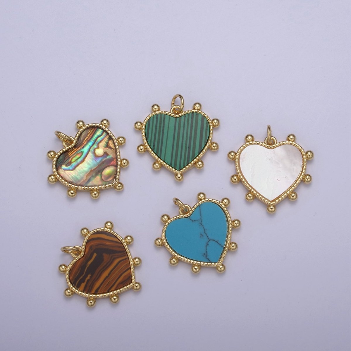 14K Gold Filled Pearl, Tiger Eye, Turquoise Abalone Shell Charm Pendant Beaded Heart Love Charm for Necklace Bracelet Jewelry Making