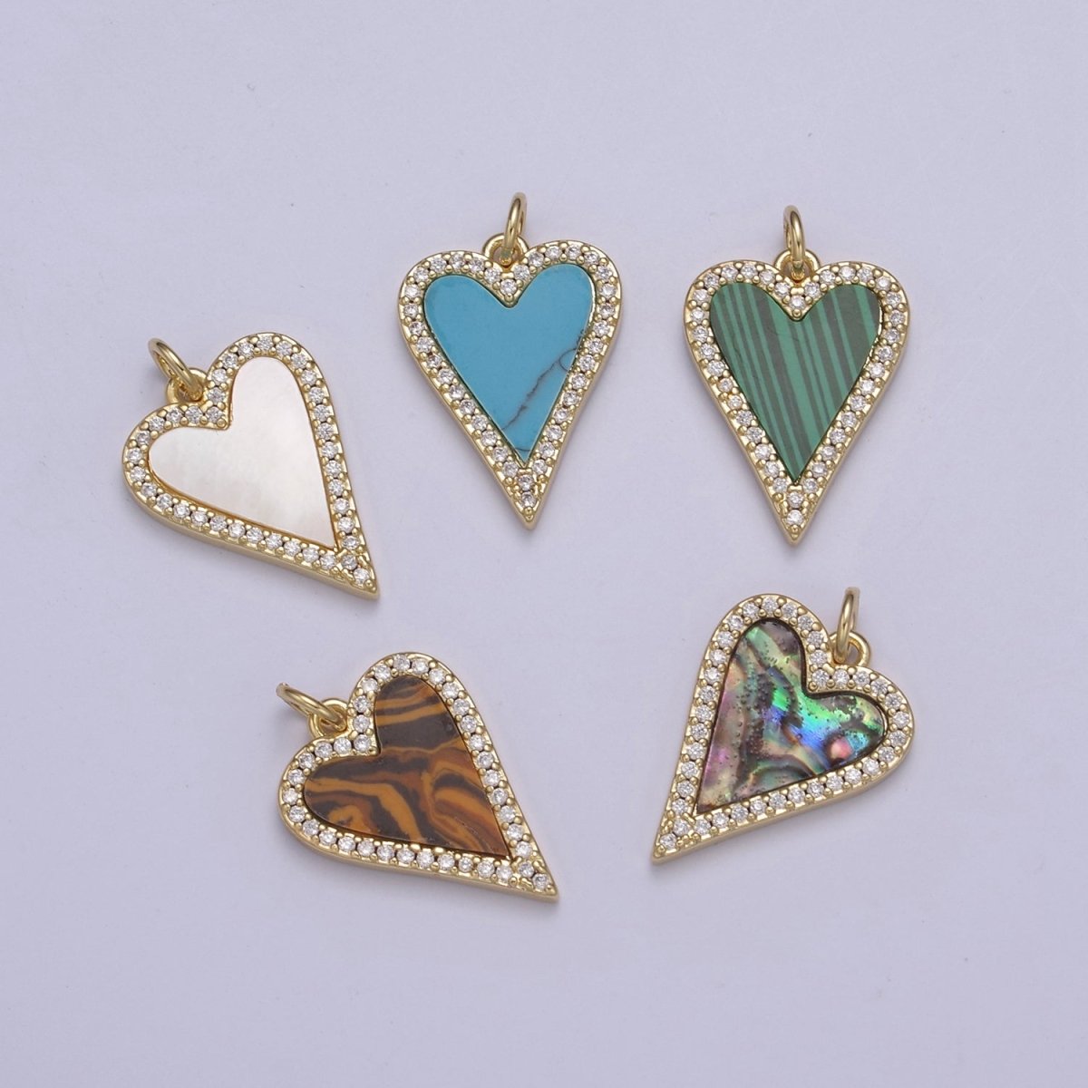 14K Gold Filled Pearl, Tiger Eye, Turquoise Abalone Shell Charm Pendant, Heart Love Charm for Necklace Bracelet Jewelry Making N-637 - N-641