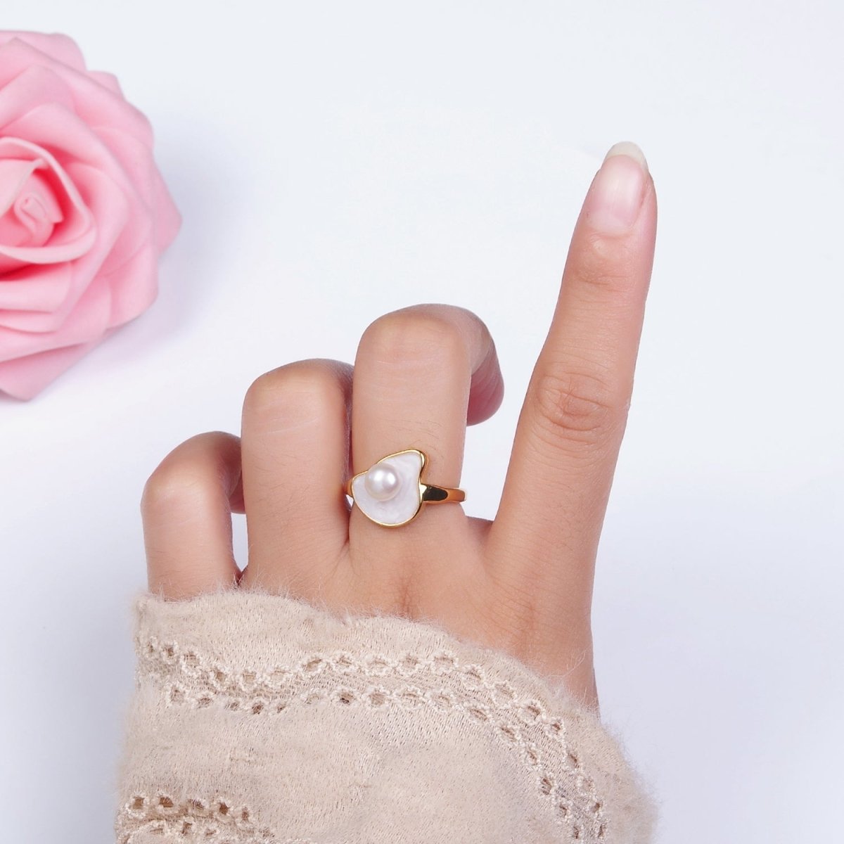 14K Gold Filled Pearl White Glitter Enamel Abstract Ring in Gold & Silver | O708 O709