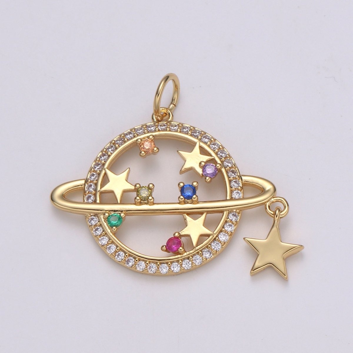14k Gold Filled Planet Saturn Charm Pendant, Micro Pave CZ Galaxy Charm Colorful Star for Necklace Bracelet Component Celestial Jewelry E-214
