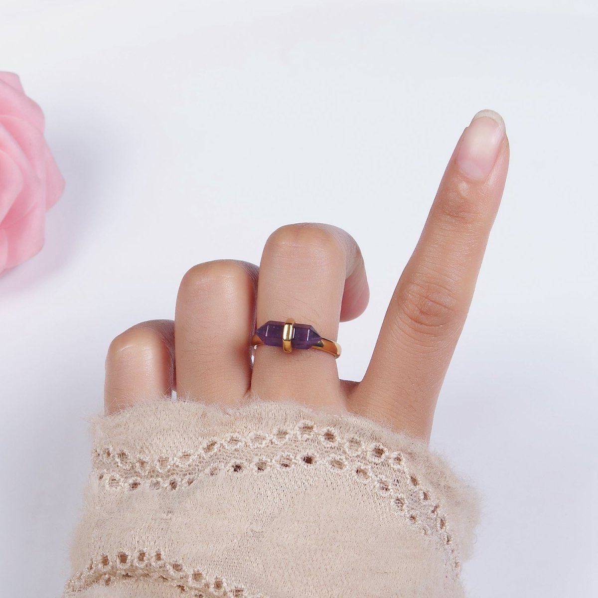 14K Gold Filled Pointed Wand Citrine, Rose Quartz, Aquamarine, Amazonite, Howlite, Amethyst, Labradorite, Onyx Ring | O1043 - O1050