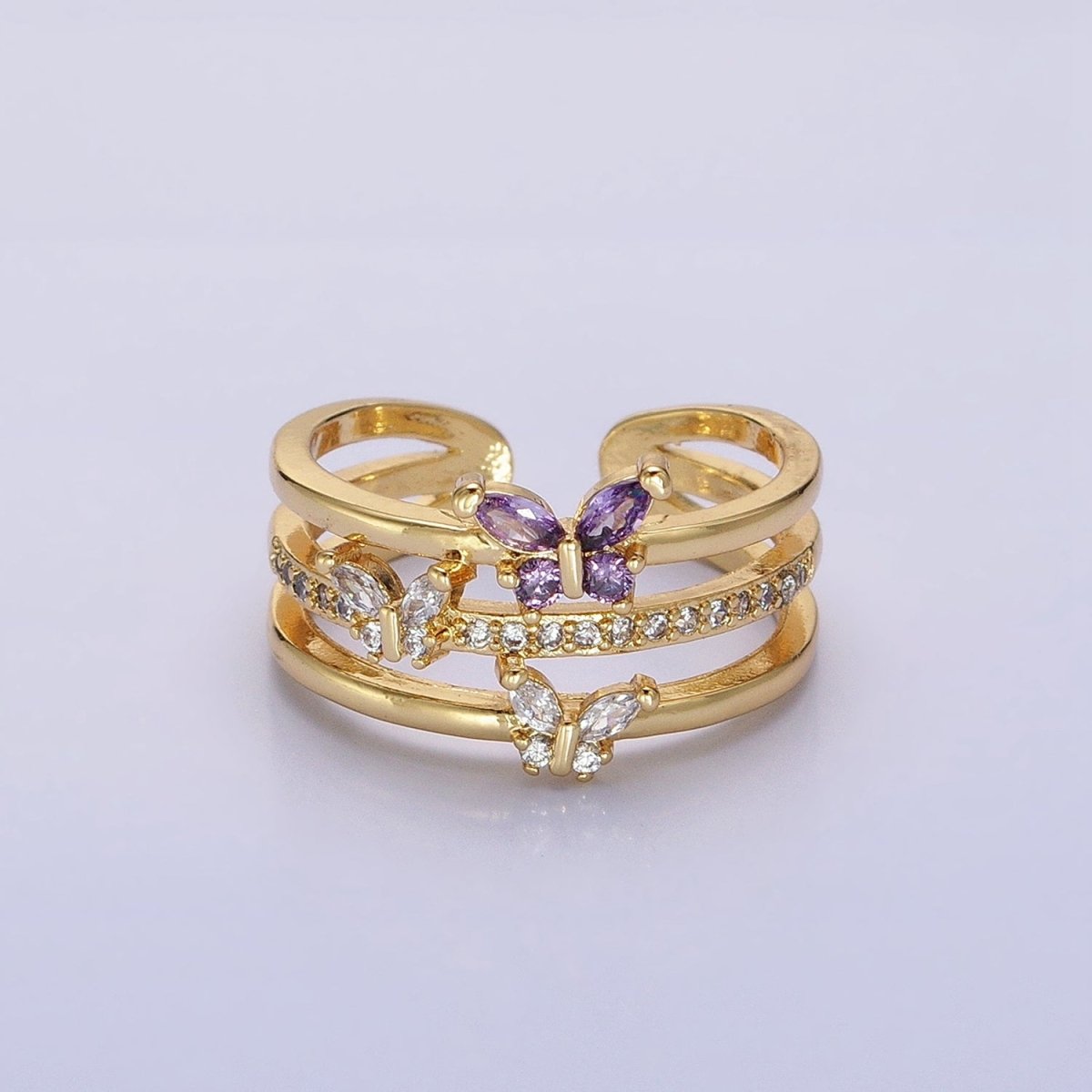 14K Gold Filled Purple CZ Butterfly Mariposa Clear Micro Paved Triple Band Ring in Gold & Silver | O-1559 O-1560