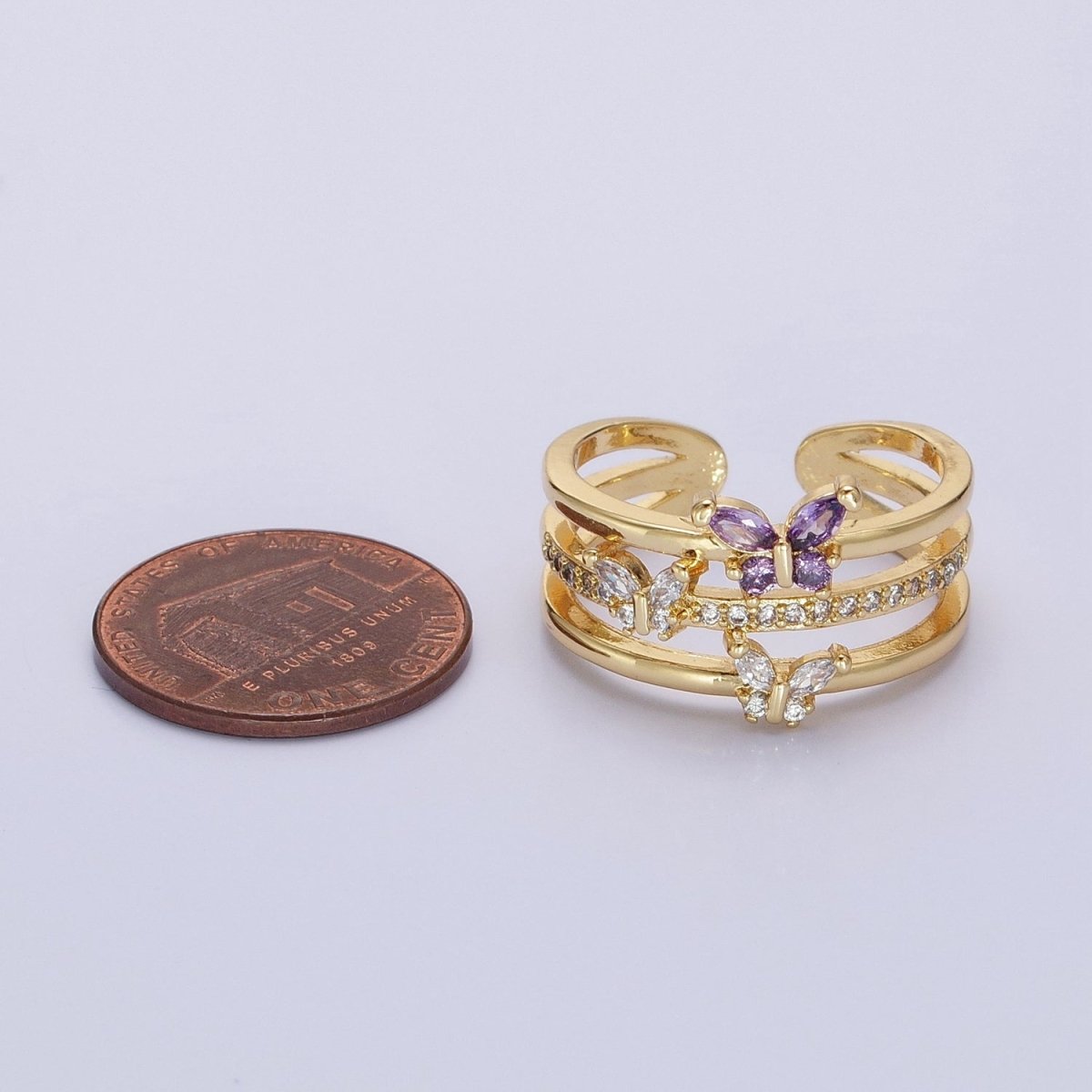 14K Gold Filled Purple CZ Butterfly Mariposa Clear Micro Paved Triple Band Ring in Gold & Silver | O-1559 O-1560