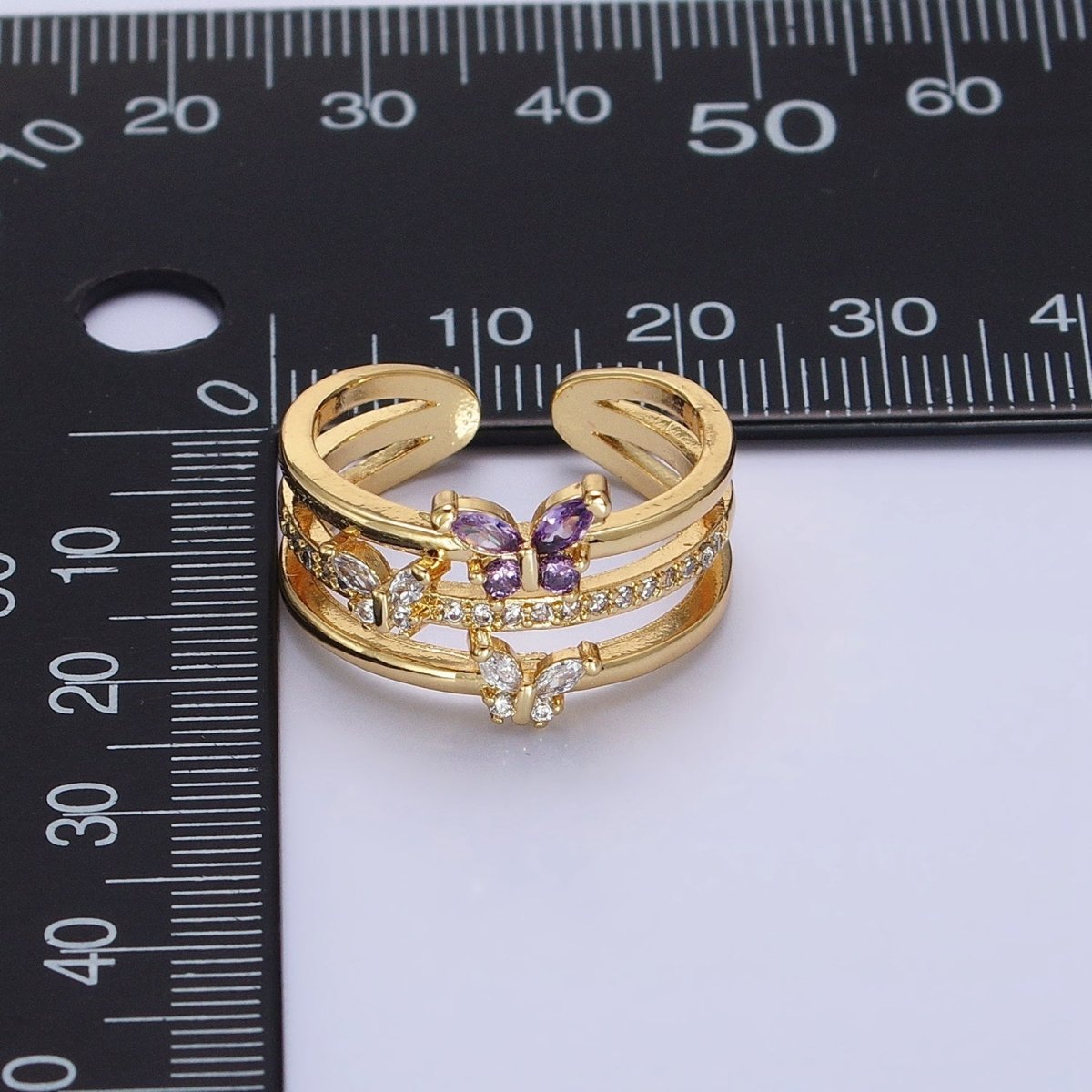 14K Gold Filled Purple CZ Butterfly Mariposa Clear Micro Paved Triple Band Ring in Gold & Silver | O-1559 O-1560