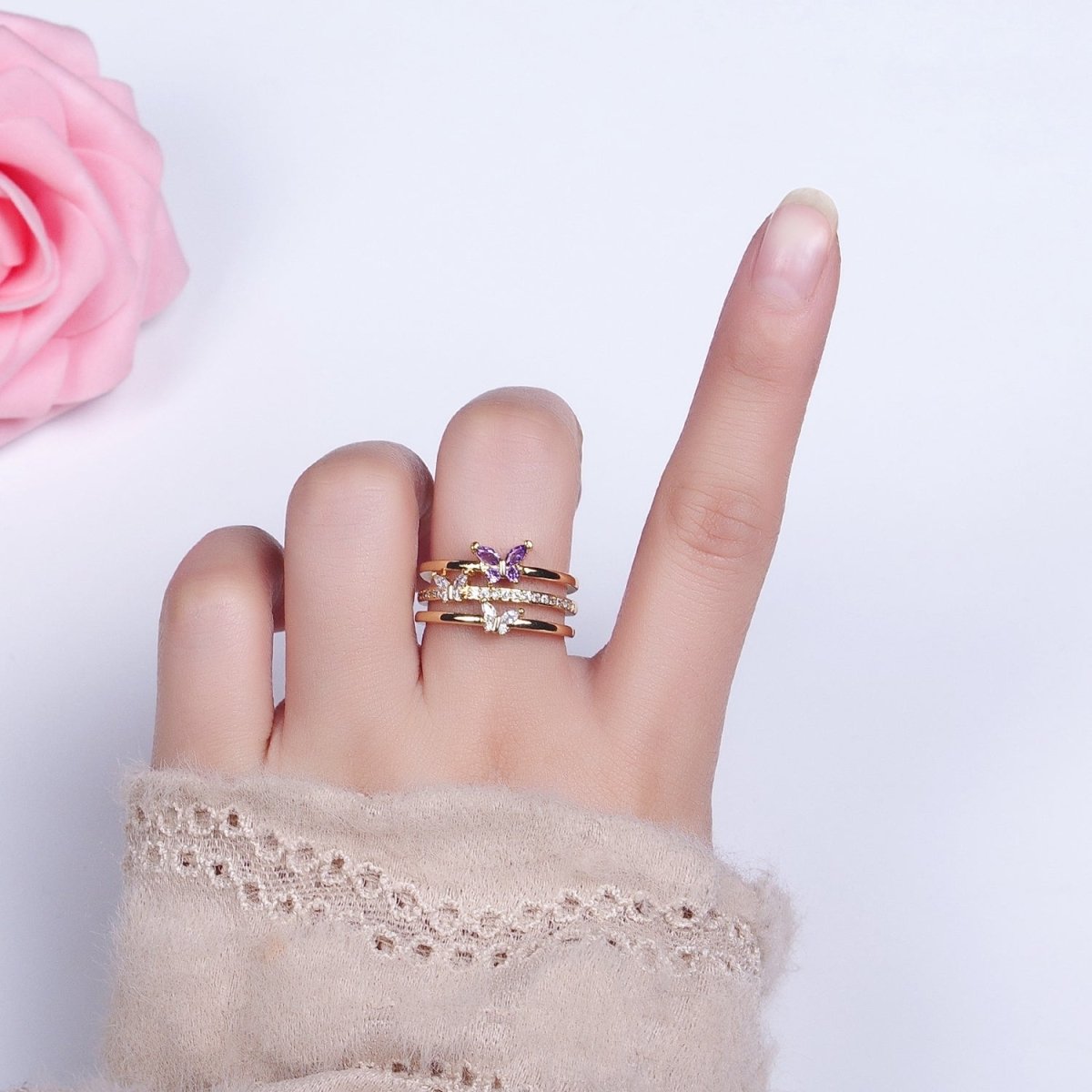 14K Gold Filled Purple CZ Butterfly Mariposa Clear Micro Paved Triple Band Ring in Gold & Silver | O-1559 O-1560