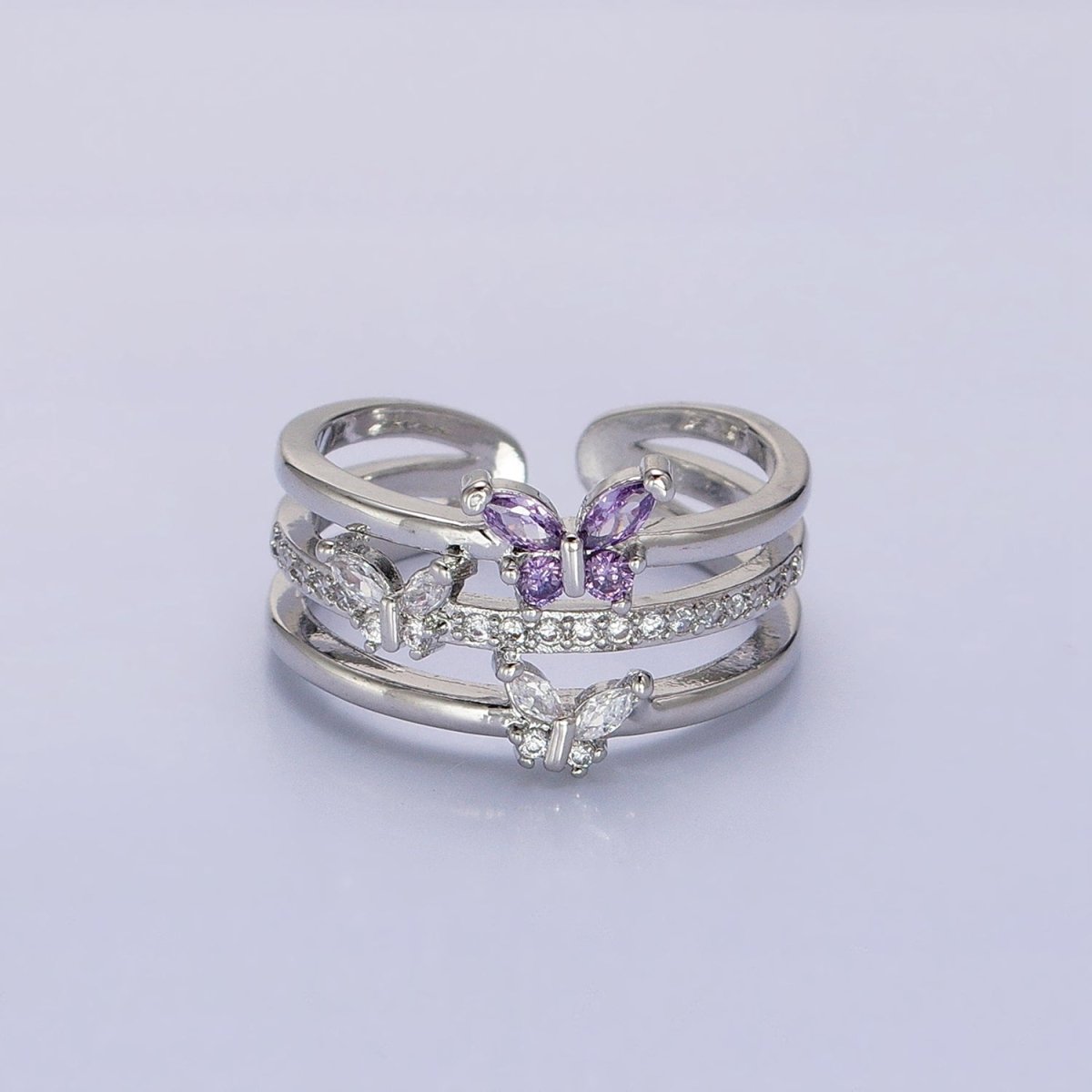 14K Gold Filled Purple CZ Butterfly Mariposa Clear Micro Paved Triple Band Ring in Gold & Silver | O-1559 O-1560