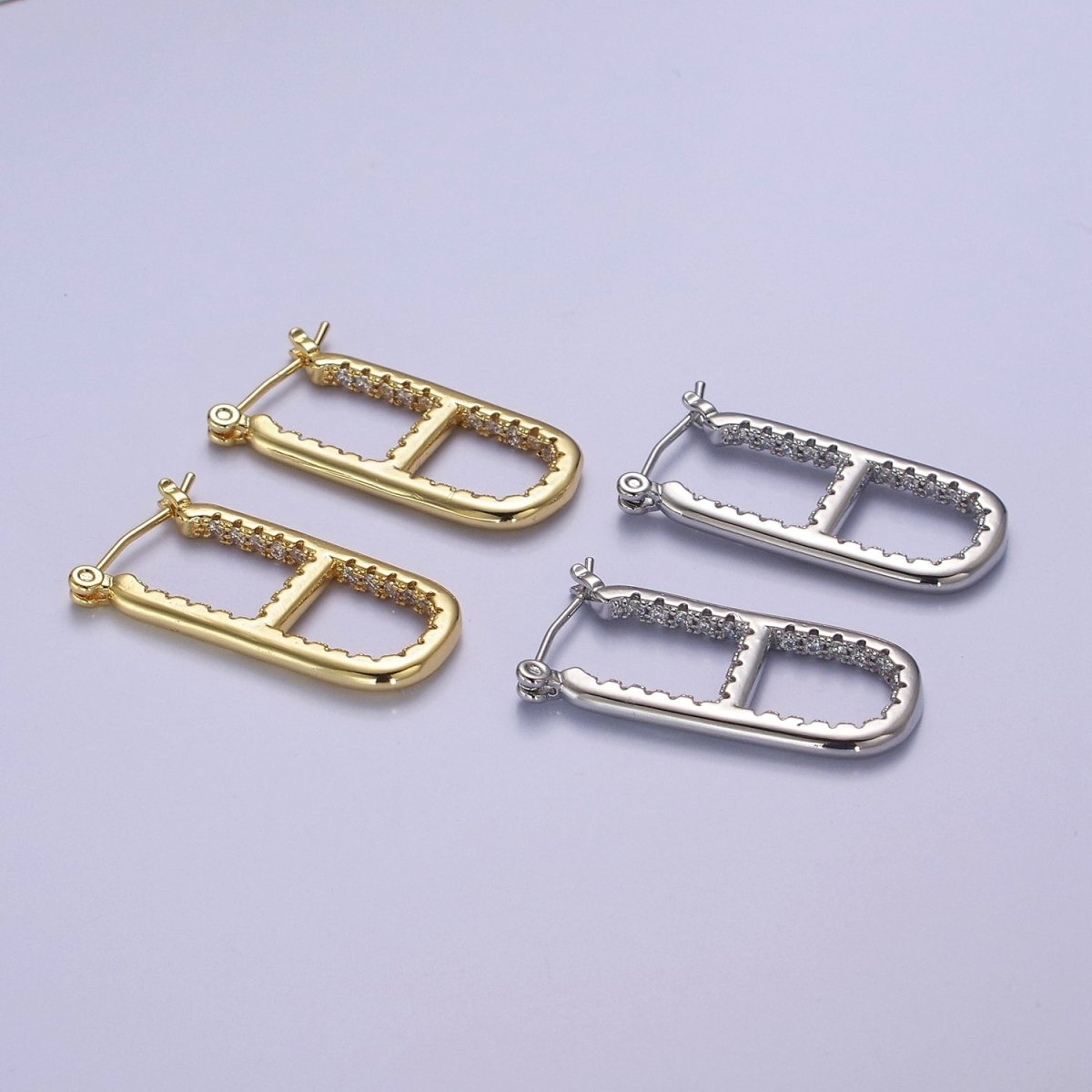 14k Gold Filled Rectangular Hoop Earring Chunky Gold CZ Oblong Hoop Earring Minimalist Rectangle Earring Silver Pill Earring Chunky Style Earring V-106