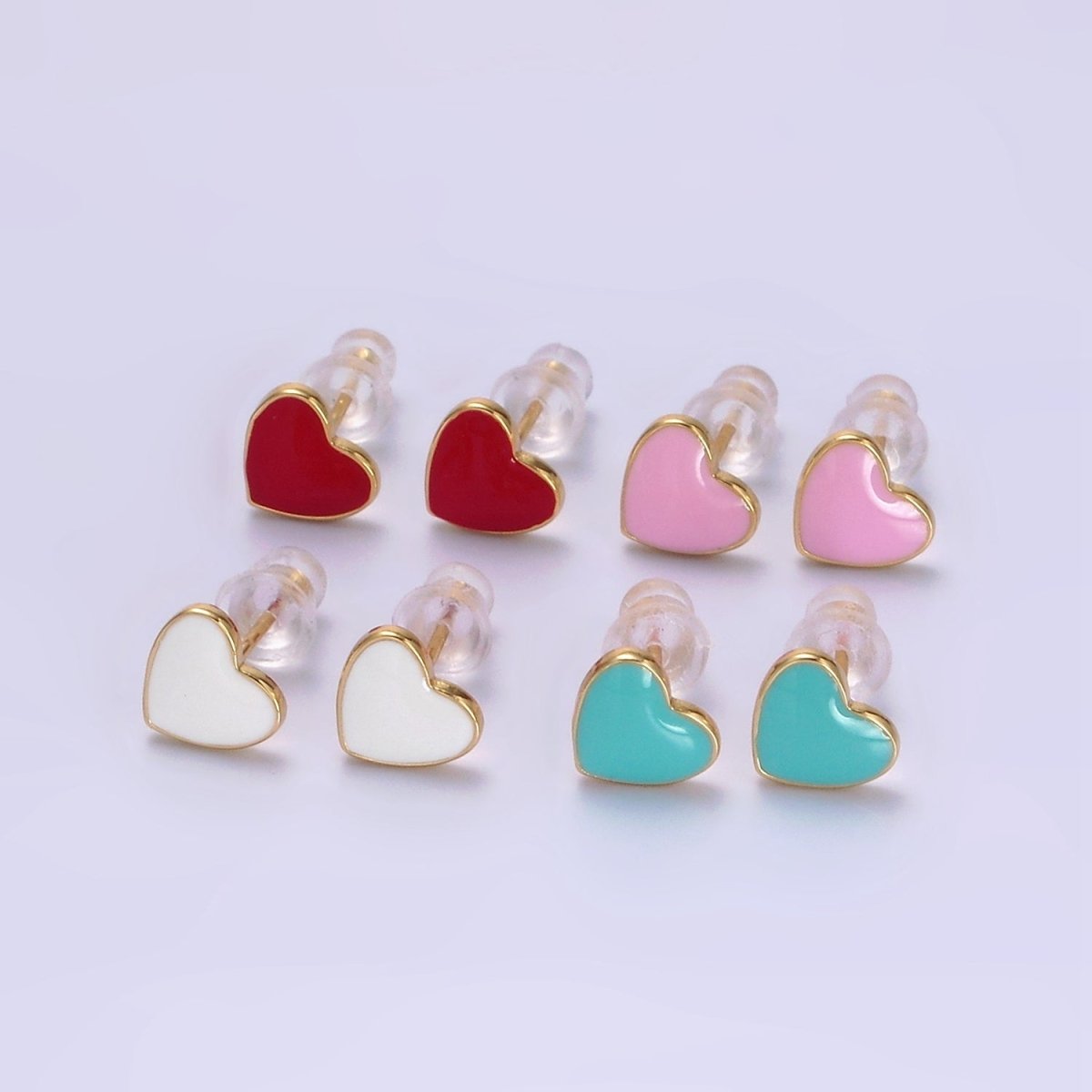 14K Gold Filled Red, Teal, Pink, White Enamel Heart Stud Earrings | AE757 - AE760