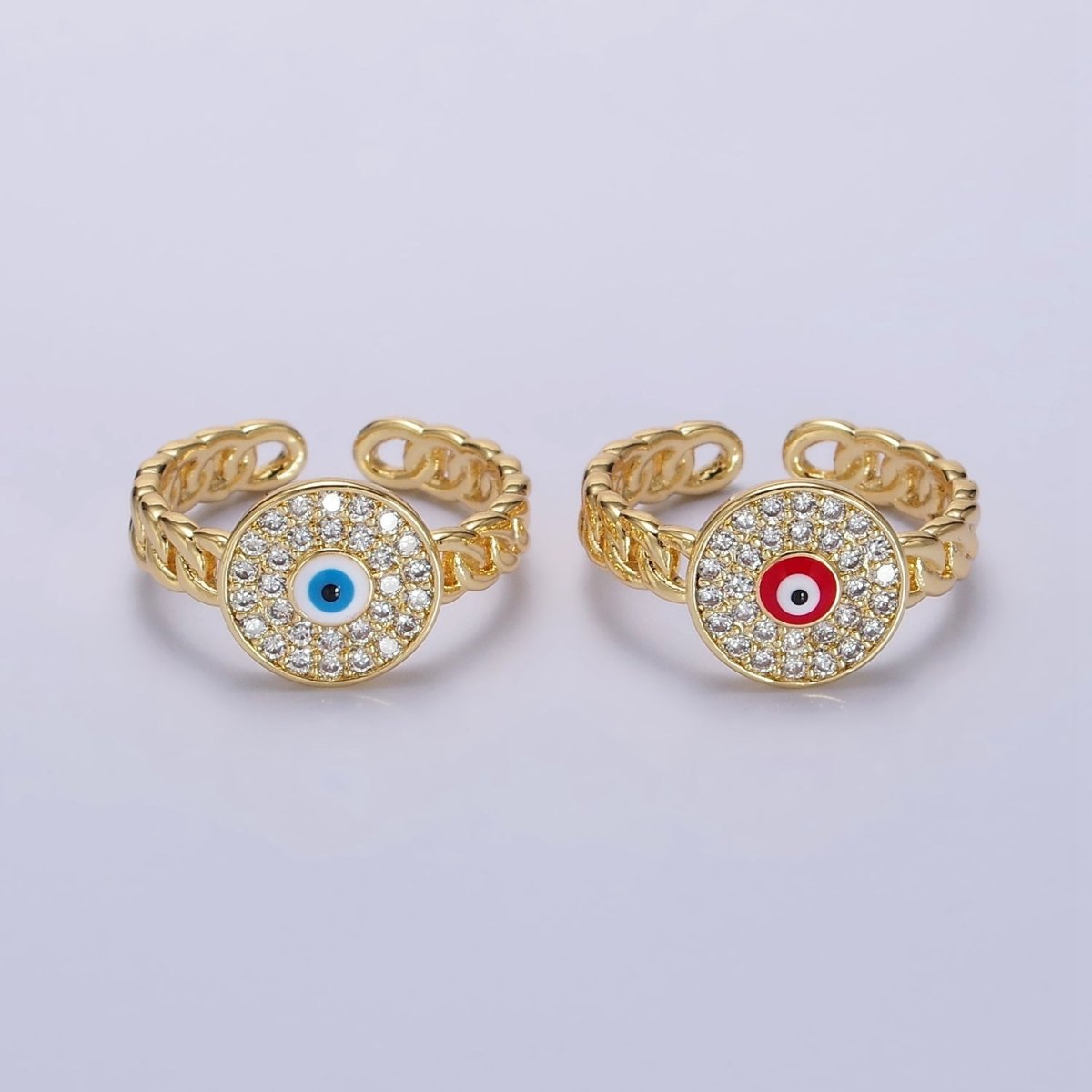 14K Gold Filled Red, White Evil Eye Enamel Round Clear Micro Paved CZ Curb Link Adjustable Ring | O-594 O-595
