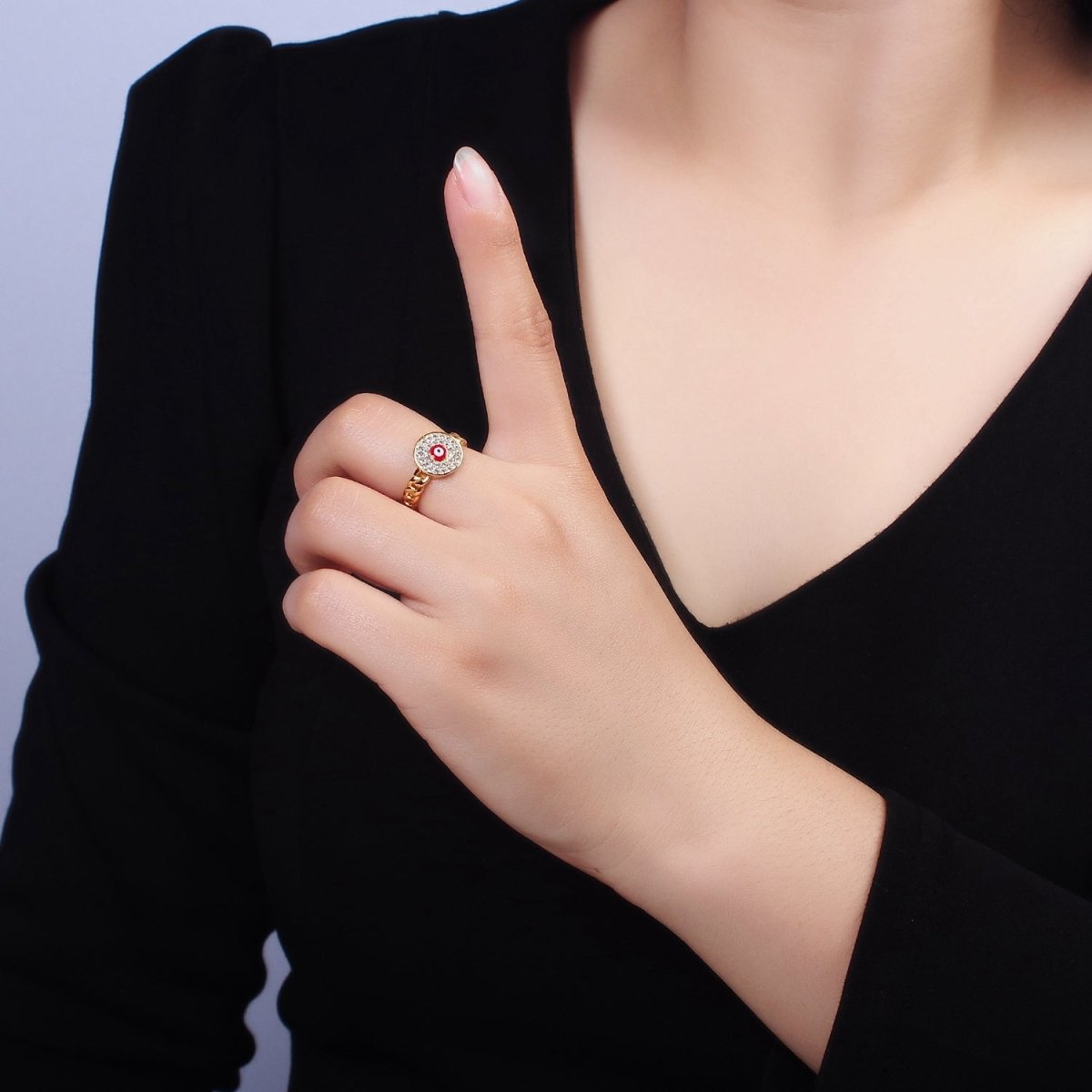 14K Gold Filled Red, White Evil Eye Enamel Round Clear Micro Paved CZ Curb Link Adjustable Ring | O-594 O-595