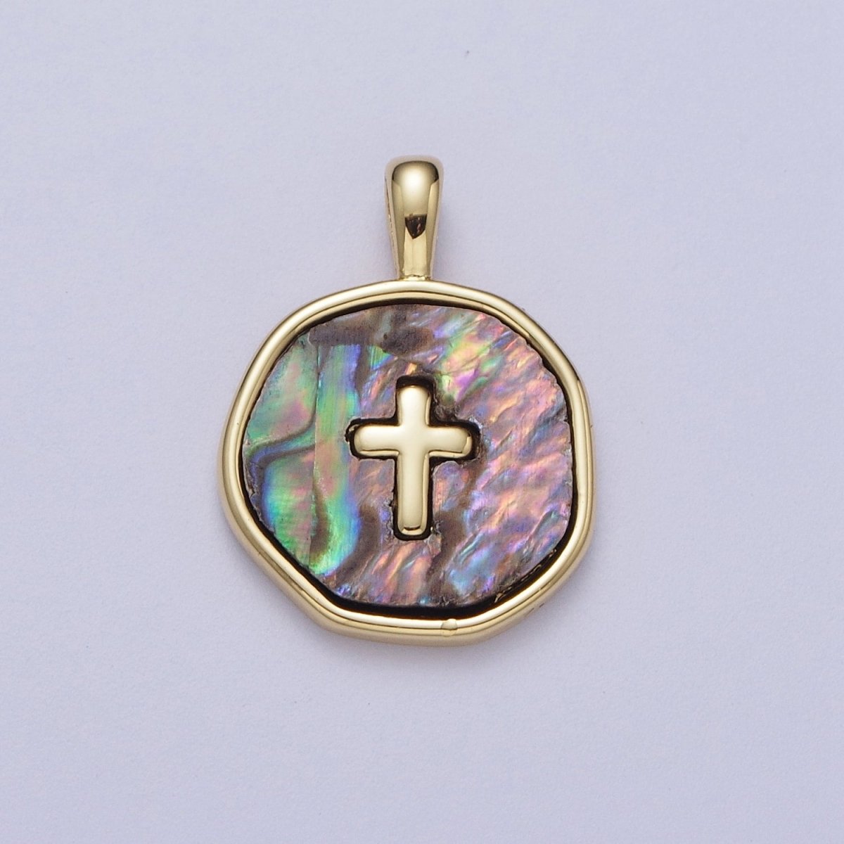 14K Gold Filled Religious Cross Shell Pearl, Abalone Round Pendant I-341 I-370