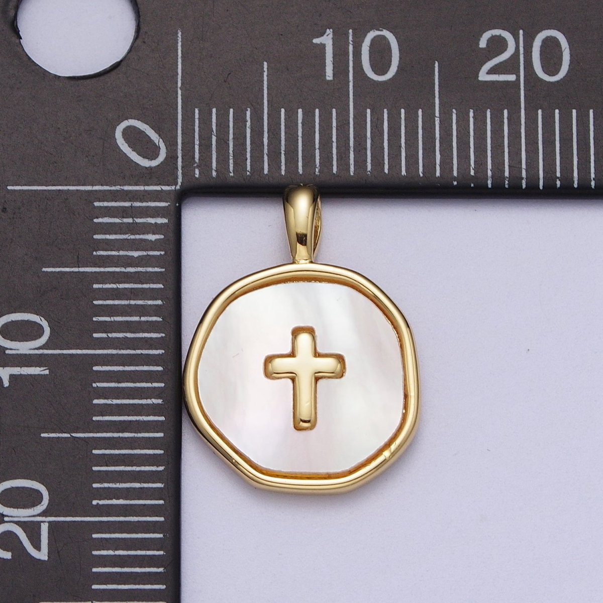 14K Gold Filled Religious Cross Shell Pearl, Abalone Round Pendant I-341 I-370