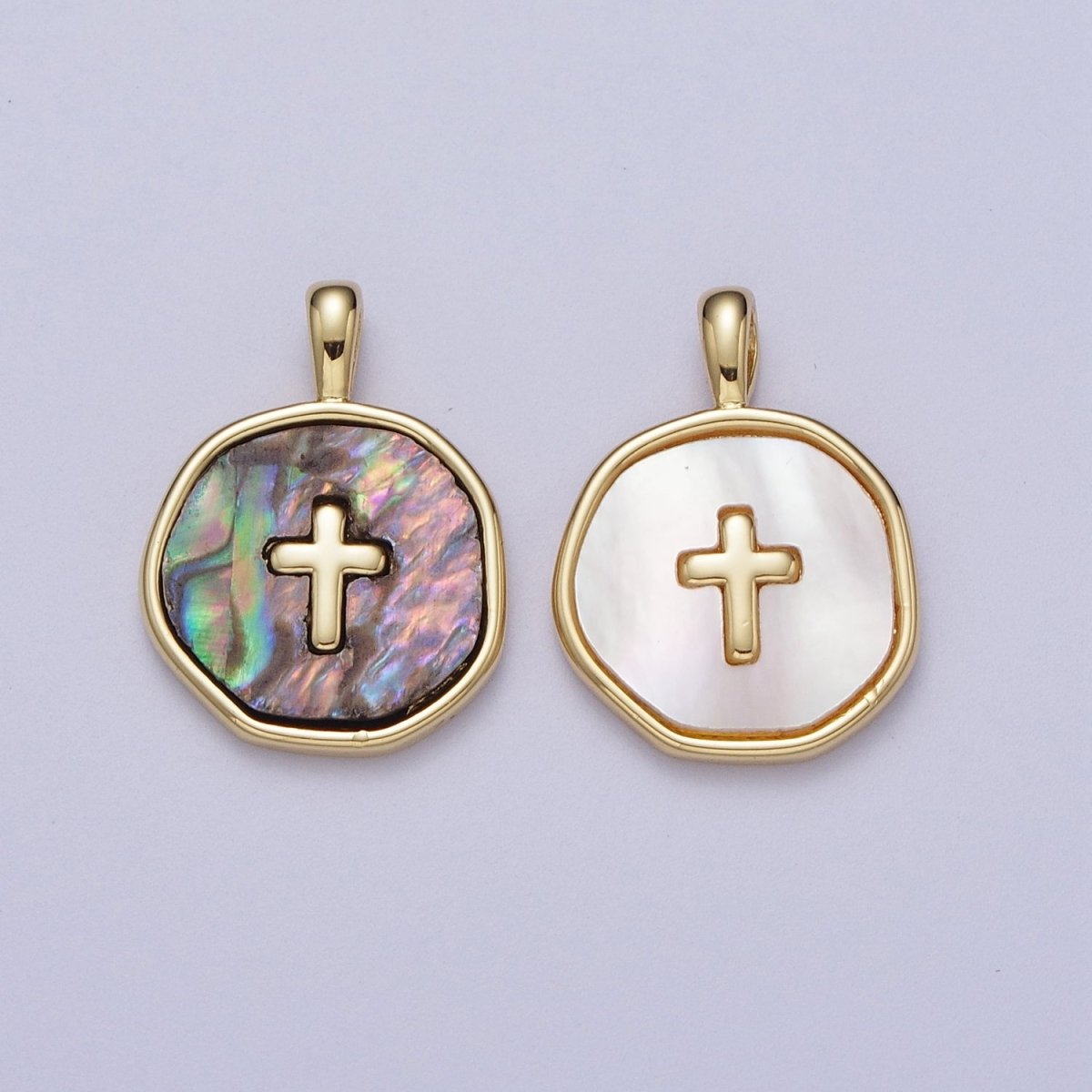 14K Gold Filled Religious Cross Shell Pearl, Abalone Round Pendant I-341 I-370
