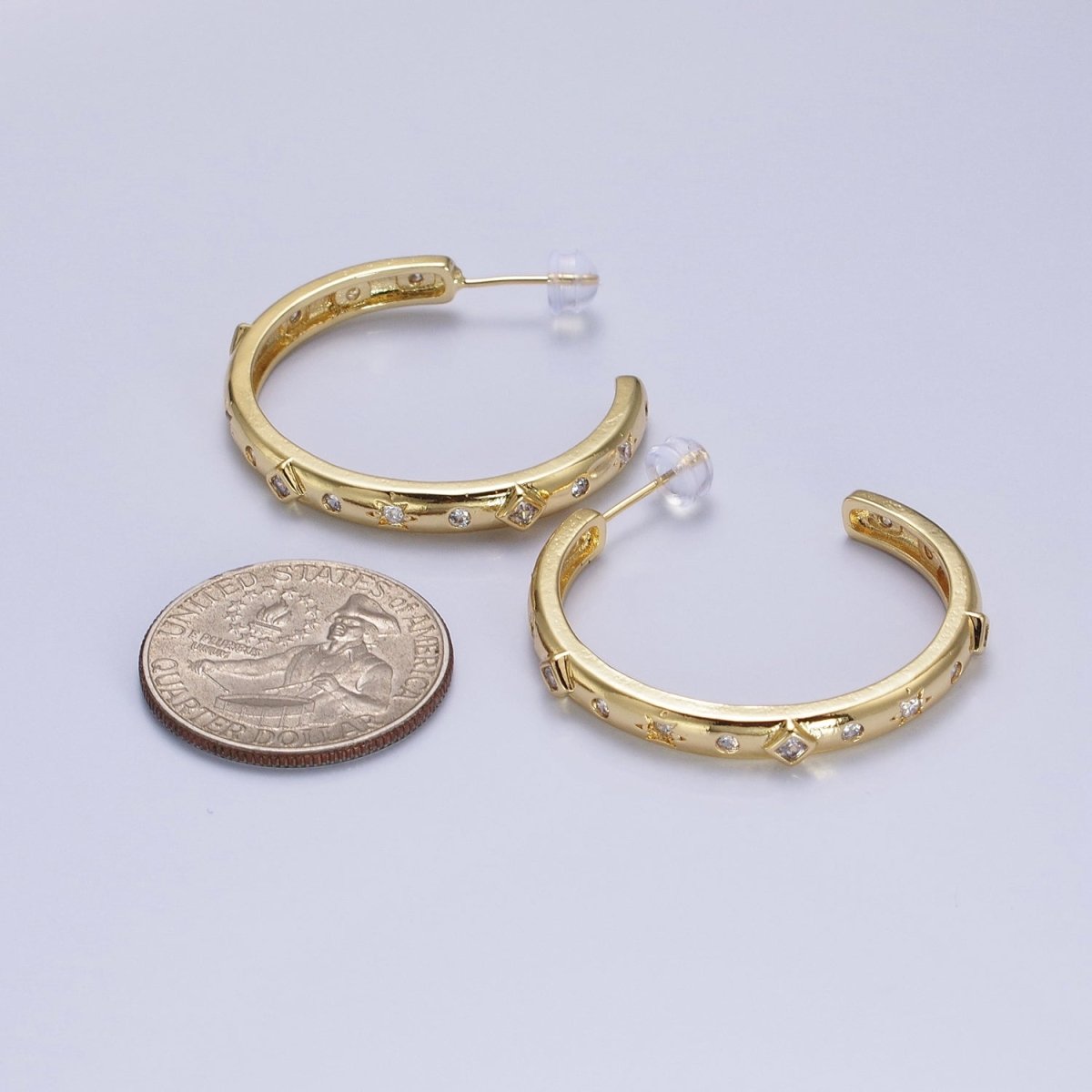 14K Gold Filled Rhombus Celestial Clear CZ 35mm C-Shaped Hoop Earrings | AB210 - DLUXCA