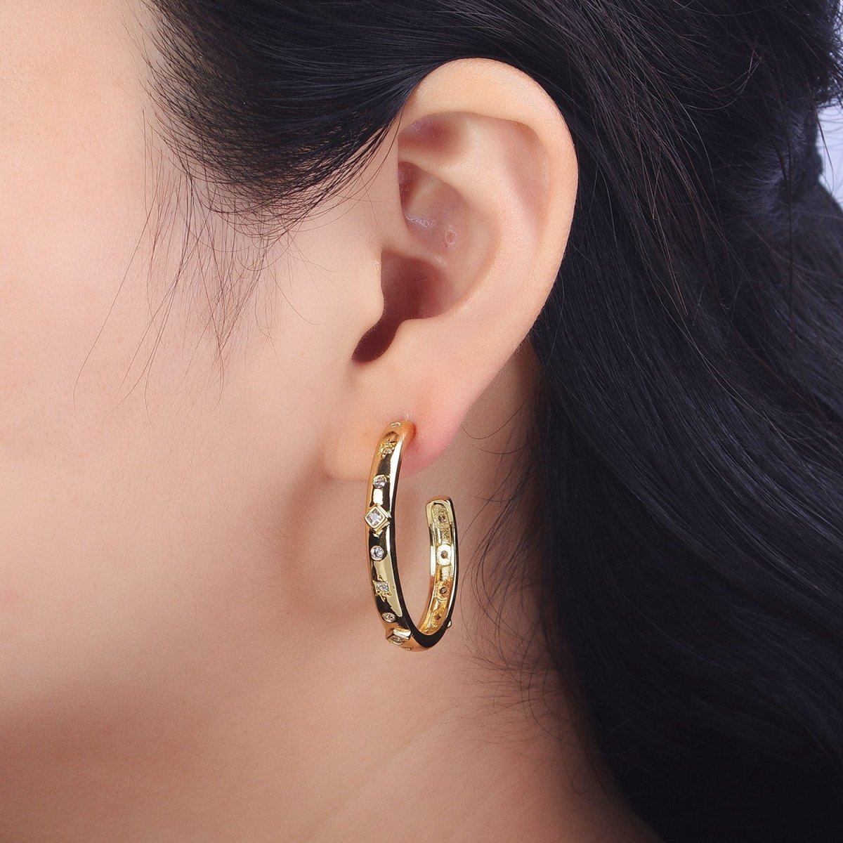 14K Gold Filled Rhombus Celestial Clear CZ 35mm C-Shaped Hoop Earrings | AB210 - DLUXCA