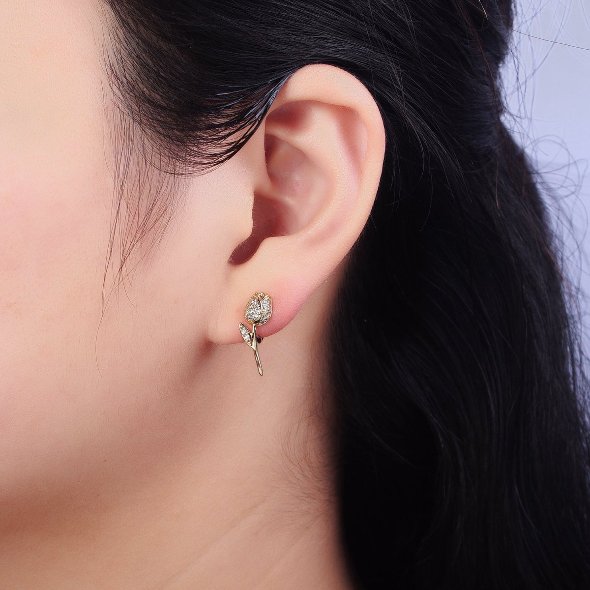 14K Gold Filled Rose Flower Micro Paved CZ Cartilage Huggie Earrings | AB269 - DLUXCA