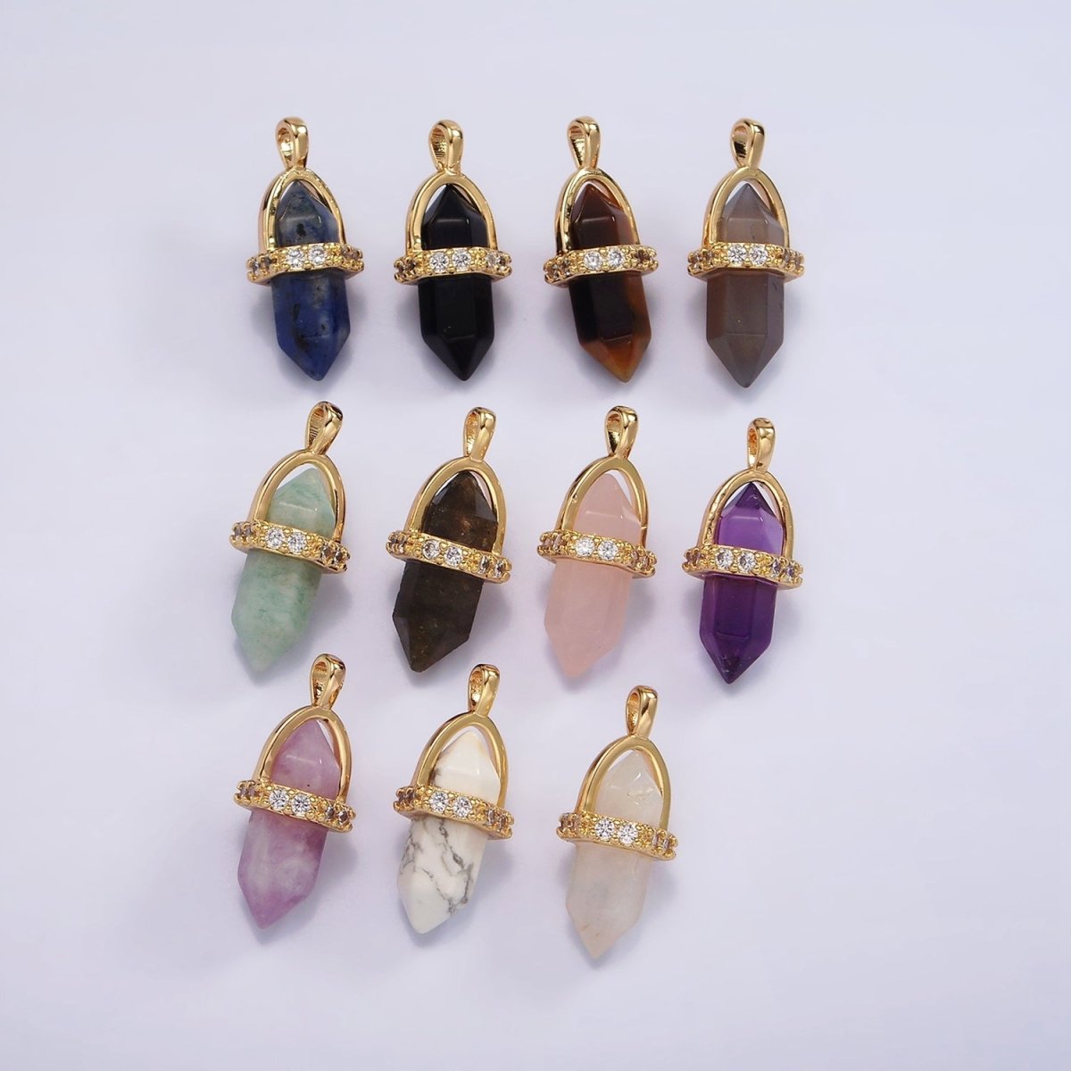 14K Gold Filled Rose Quartz, Amethyst, Labradorite, Aquamarine, Howlite, Onyx Pointed Wand Micro Paved Pendant | N1994 - N2006