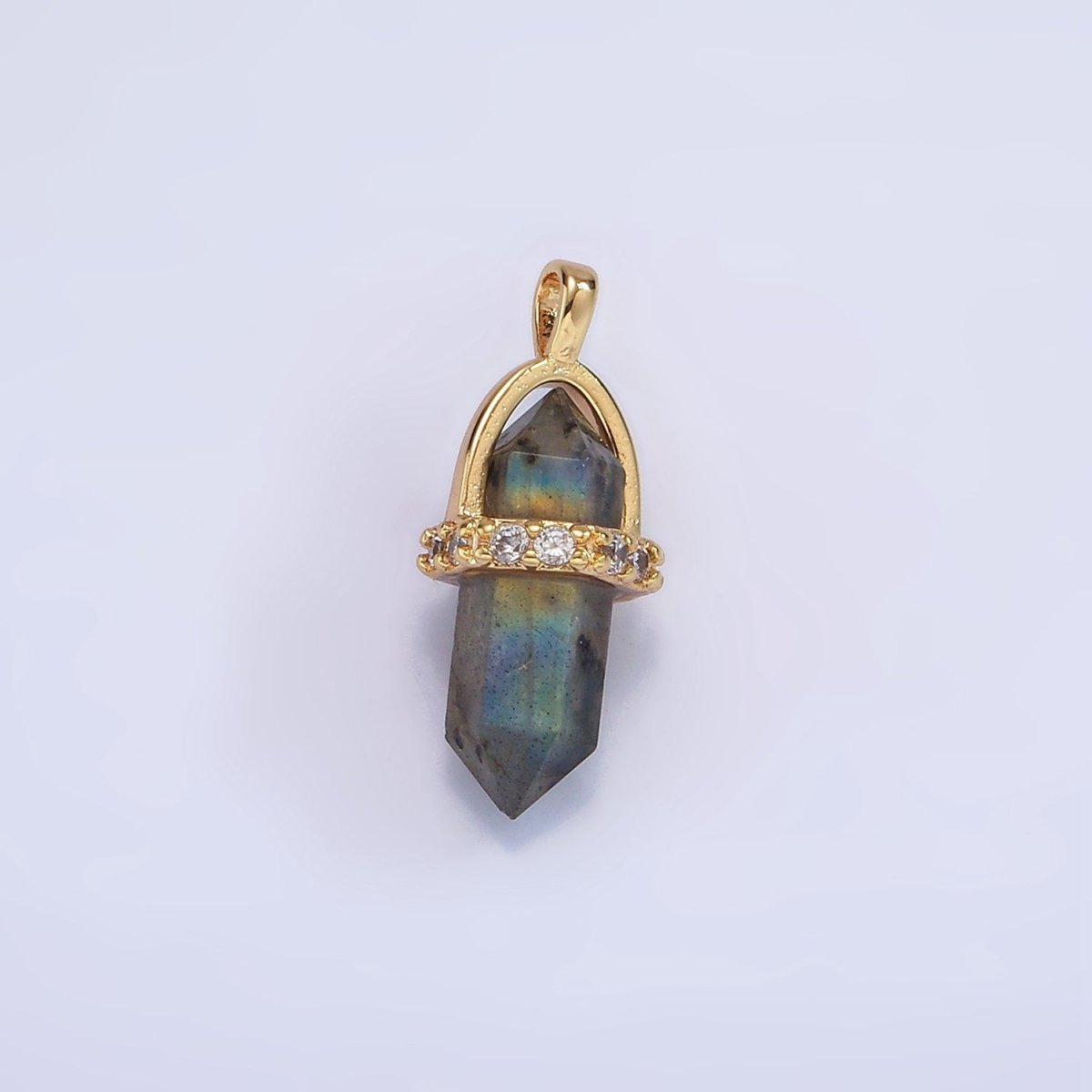 14K Gold Filled Rose Quartz, Amethyst, Labradorite, Aquamarine, Howlite, Onyx Pointed Wand Micro Paved Pendant | N1994 - N2006
