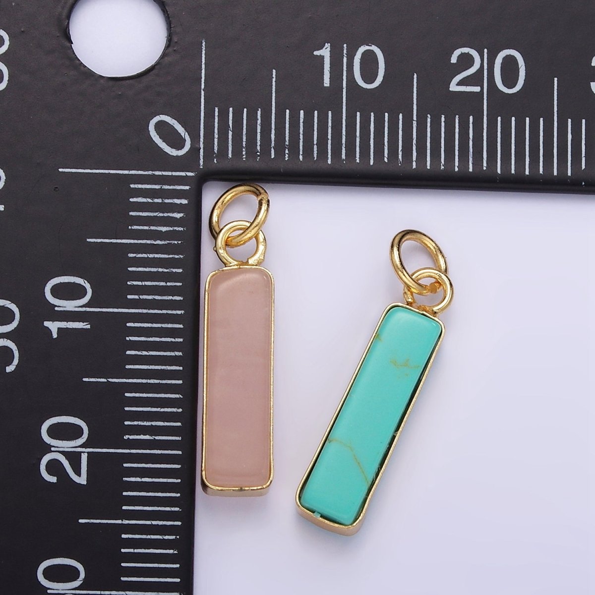 14K Gold Filled Rose Quartz, Turquoise, Shell Pearl Rectangular Tube Bezel Charm | D564