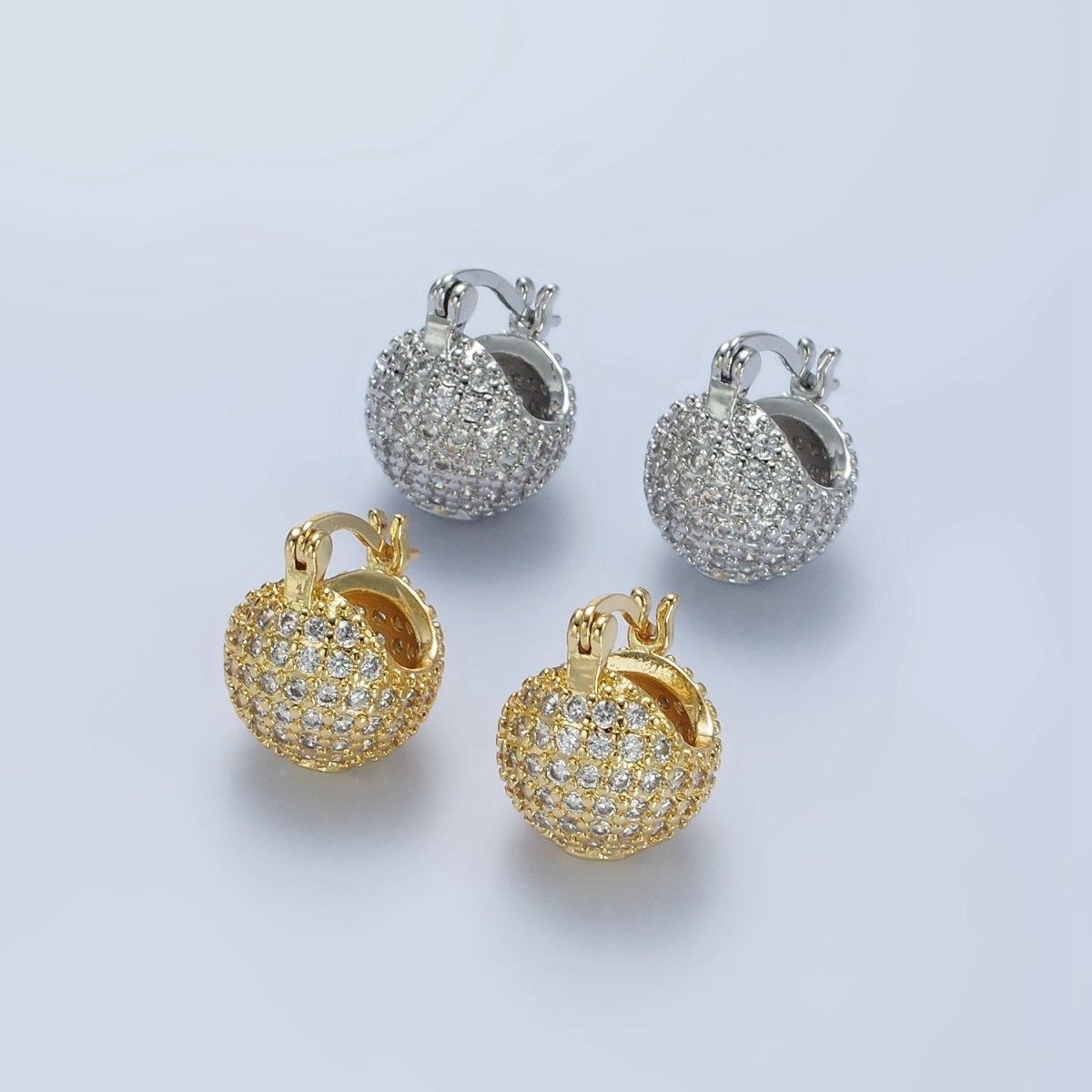 14K Gold Filled Round Ball CZ Micro Paved Dome Latch Earrings in Gold & Silver | V491 V492