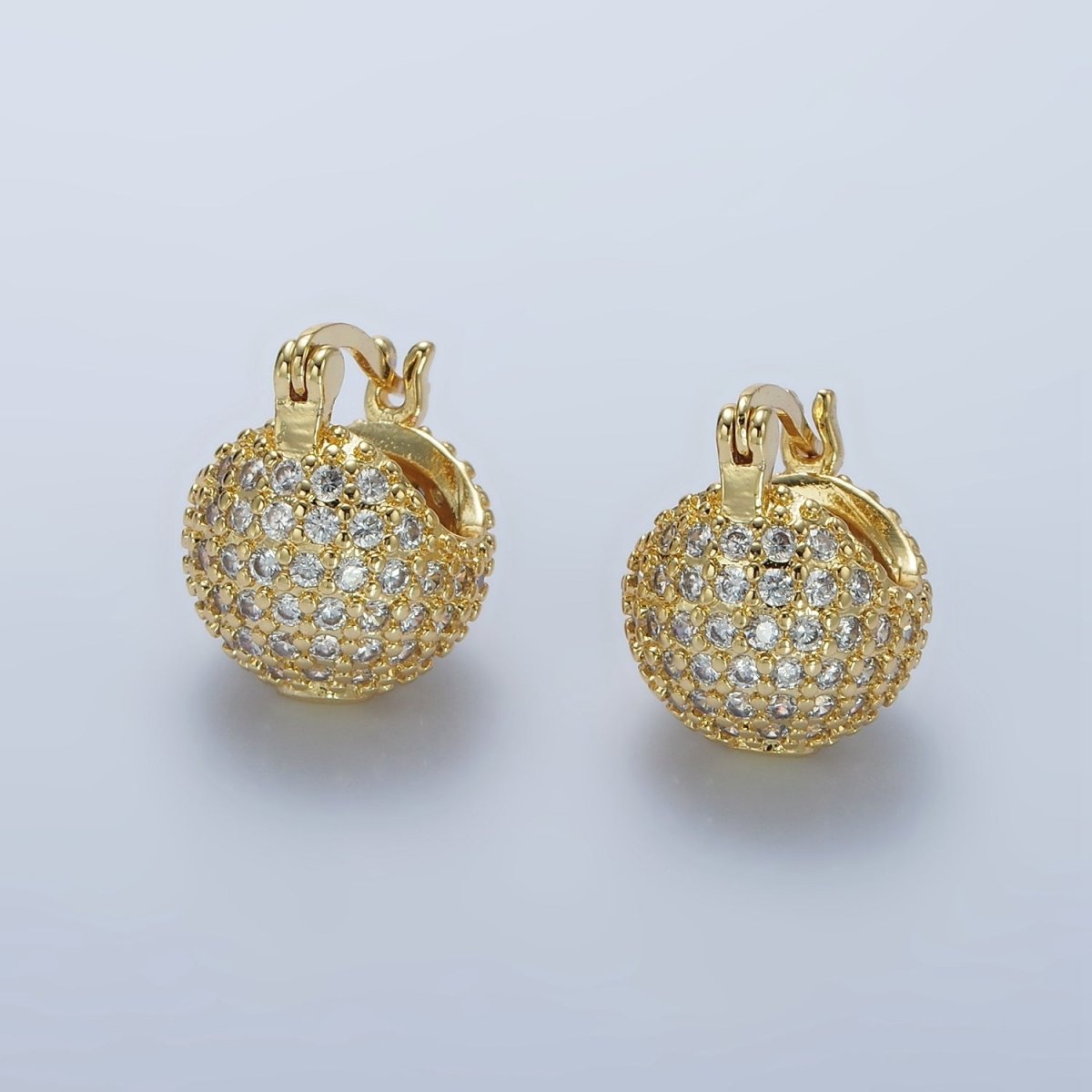 14K Gold Filled Round Ball CZ Micro Paved Dome Latch Earrings in Gold & Silver | V491 V492