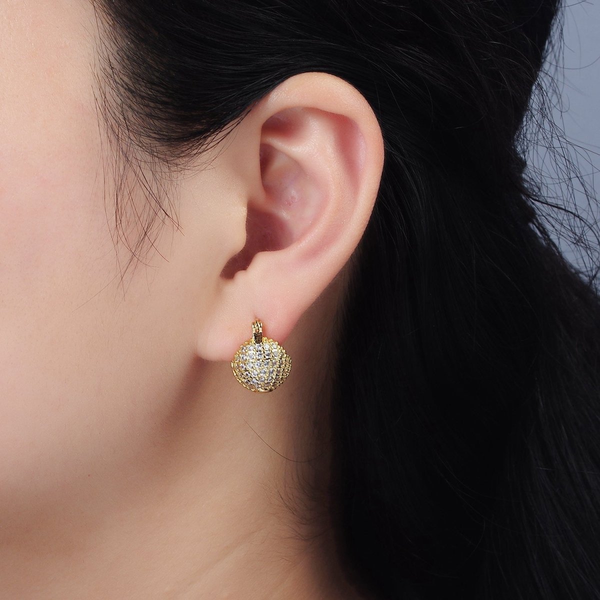 14K Gold Filled Round Ball CZ Micro Paved Dome Latch Earrings in Gold & Silver | V491 V492