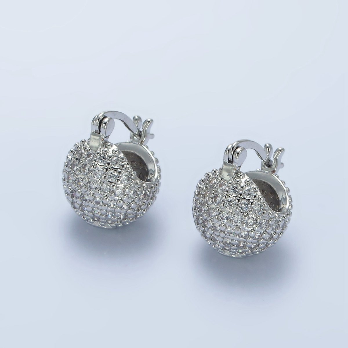 14K Gold Filled Round Ball CZ Micro Paved Dome Latch Earrings in Gold & Silver | V491 V492