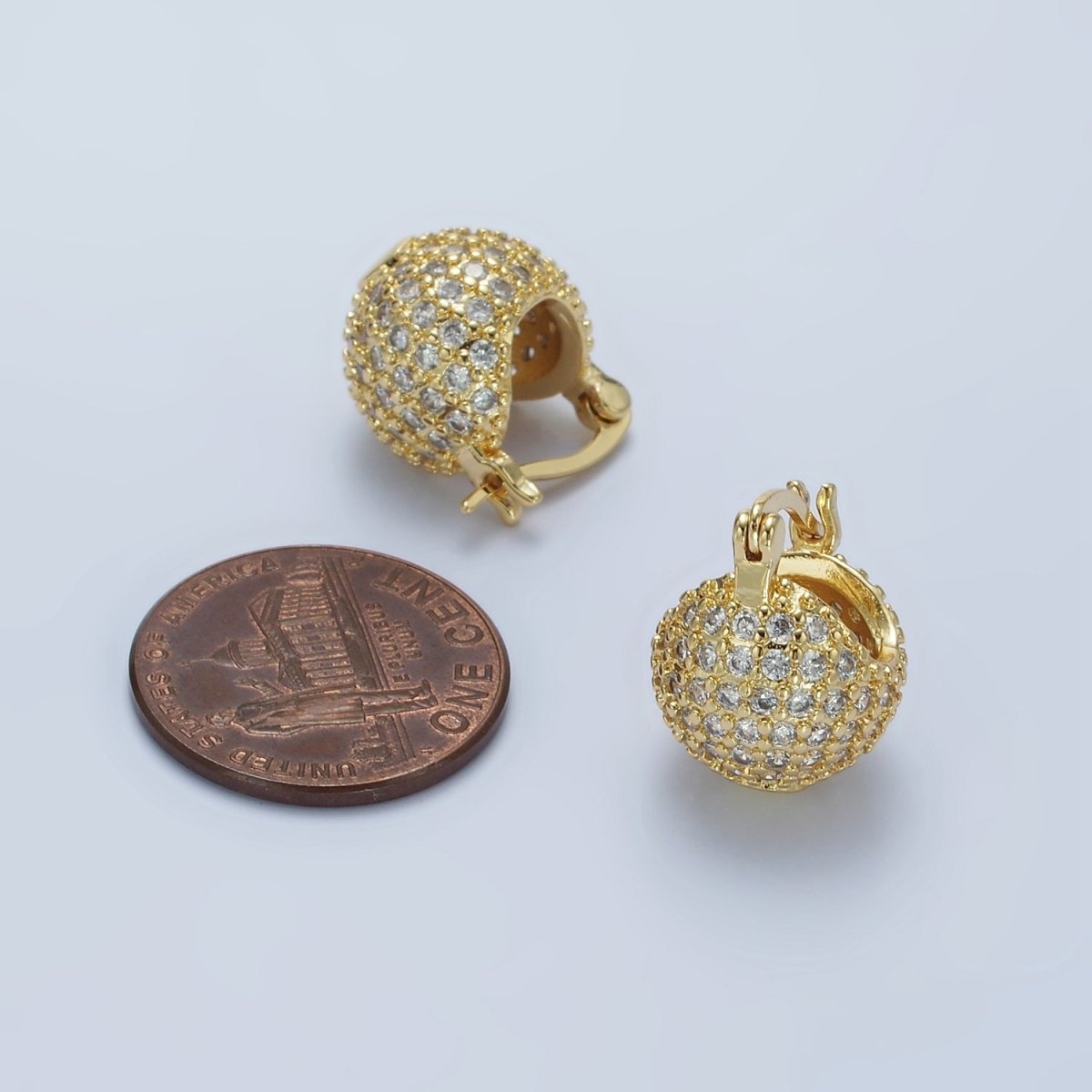 14K Gold Filled Round Ball CZ Micro Paved Dome Latch Earrings in Gold & Silver | V491 V492