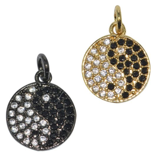 14K Gold Filled Round Black and White Yin Yang Balance Energy Micro Pave CZ Paved Gold Filled Pack of 1 Bracelet Charm Connector D-272