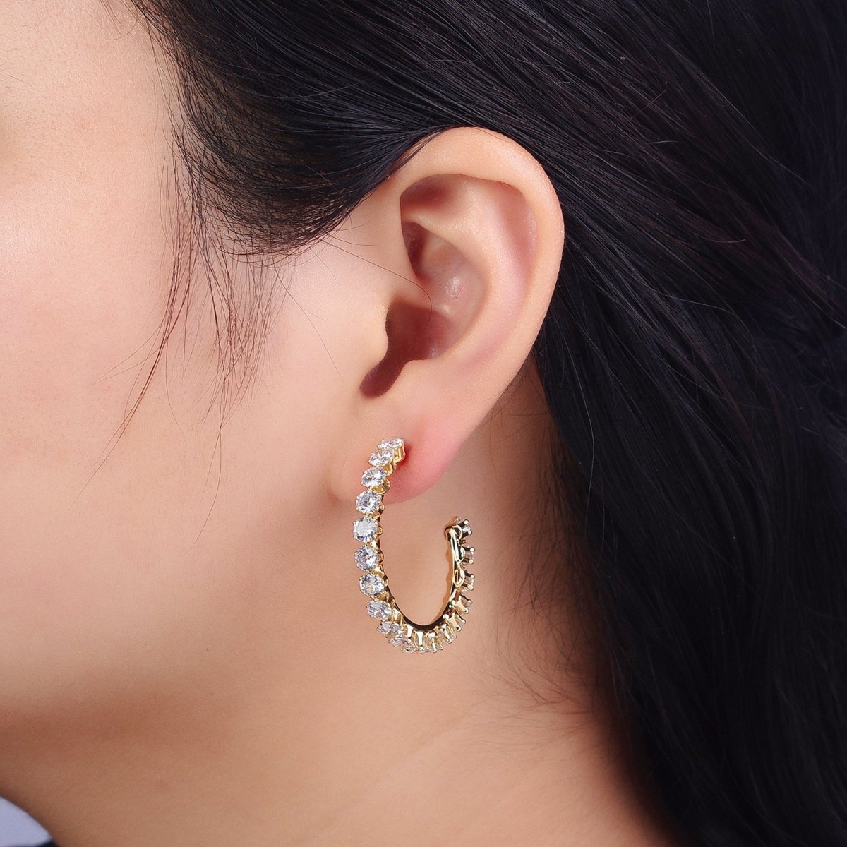 14K Gold Filled Round Clear CZ Lined C-Shaped 36mm Hoop Earrings | AB157 - DLUXCA